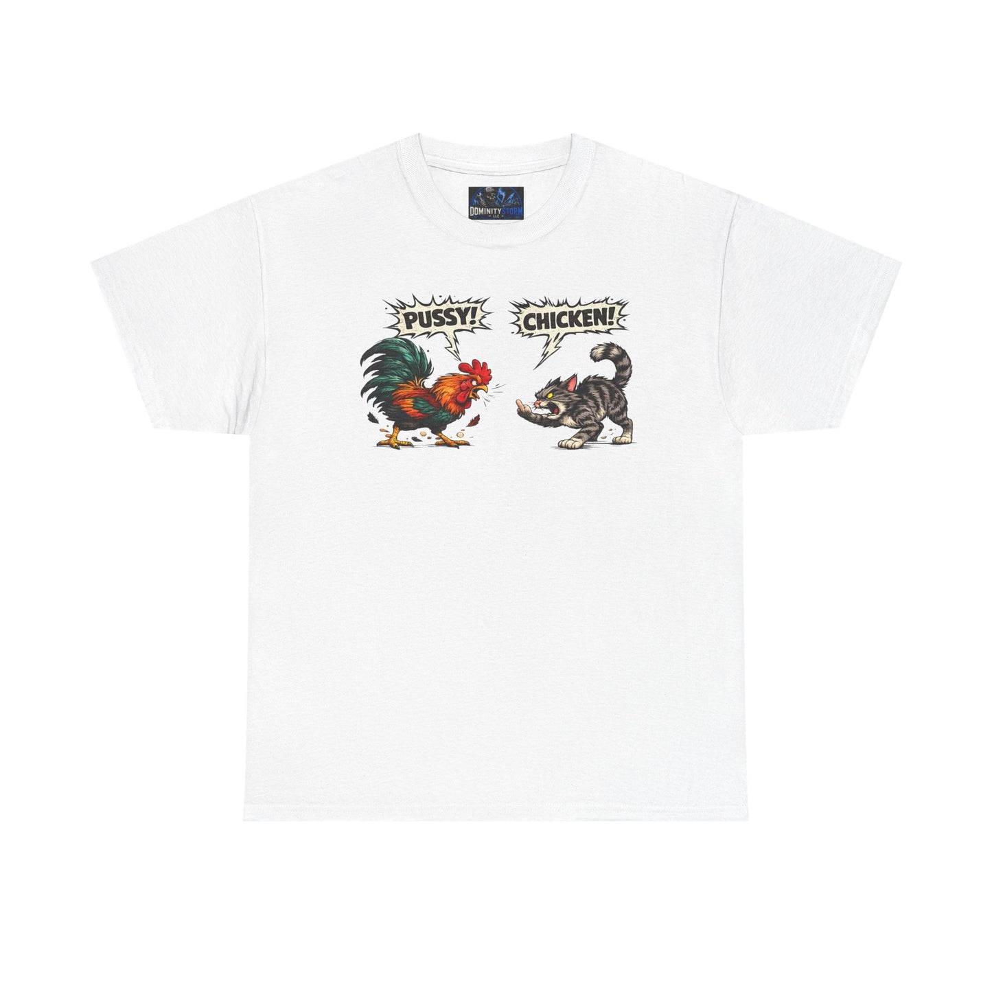 Rooster vs Cat Graphic Tee – "Pussy? Chicken?" Vintage Fight Cartoon T-Shirt
