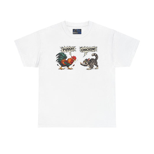 Rooster vs Cat Graphic Tee – "Pussy? Chicken?" Vintage Fight Cartoon T-Shirt