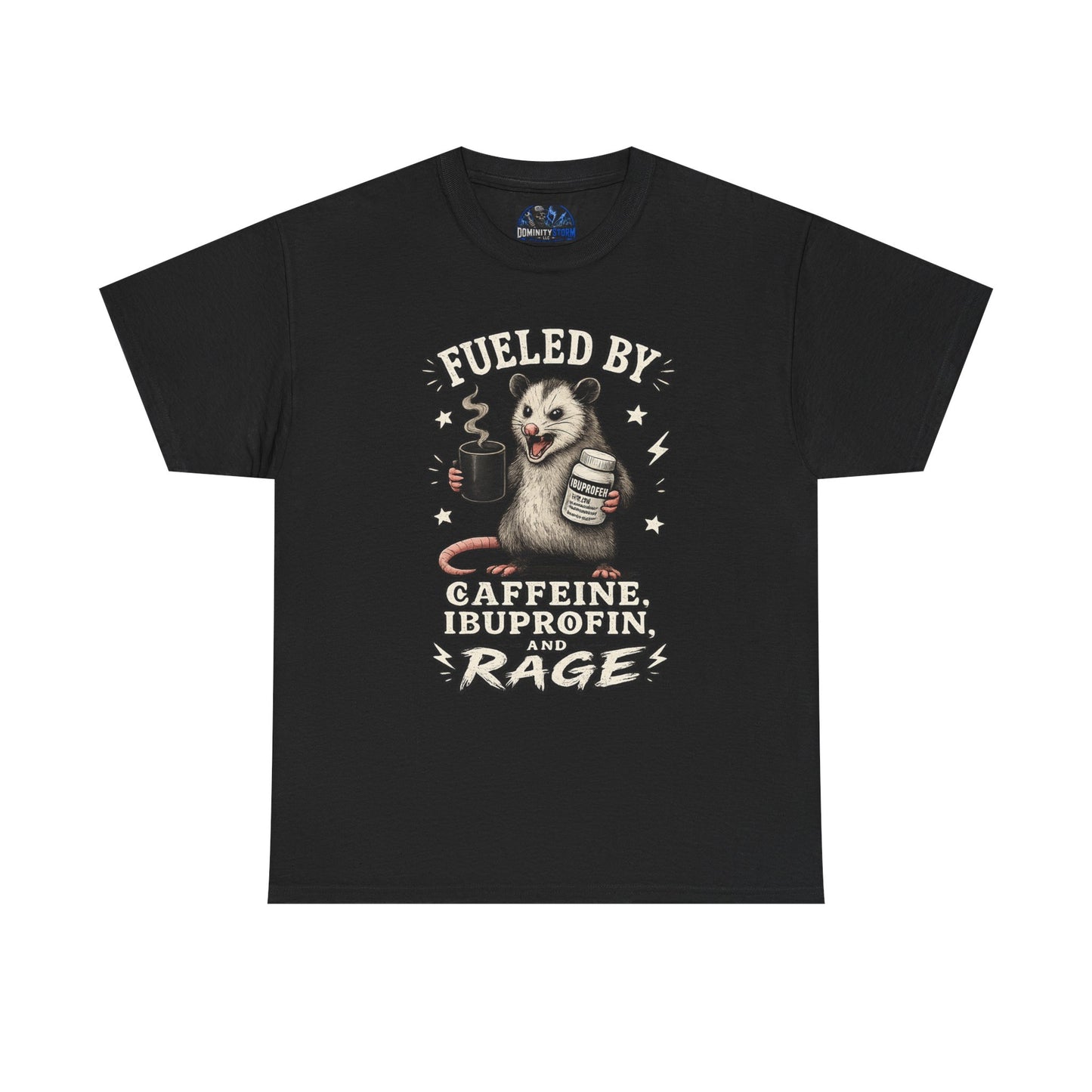 T-Shirt — Fueled by Caffeine, Ibuprofen & Rage Possum Coffee Humor Tee