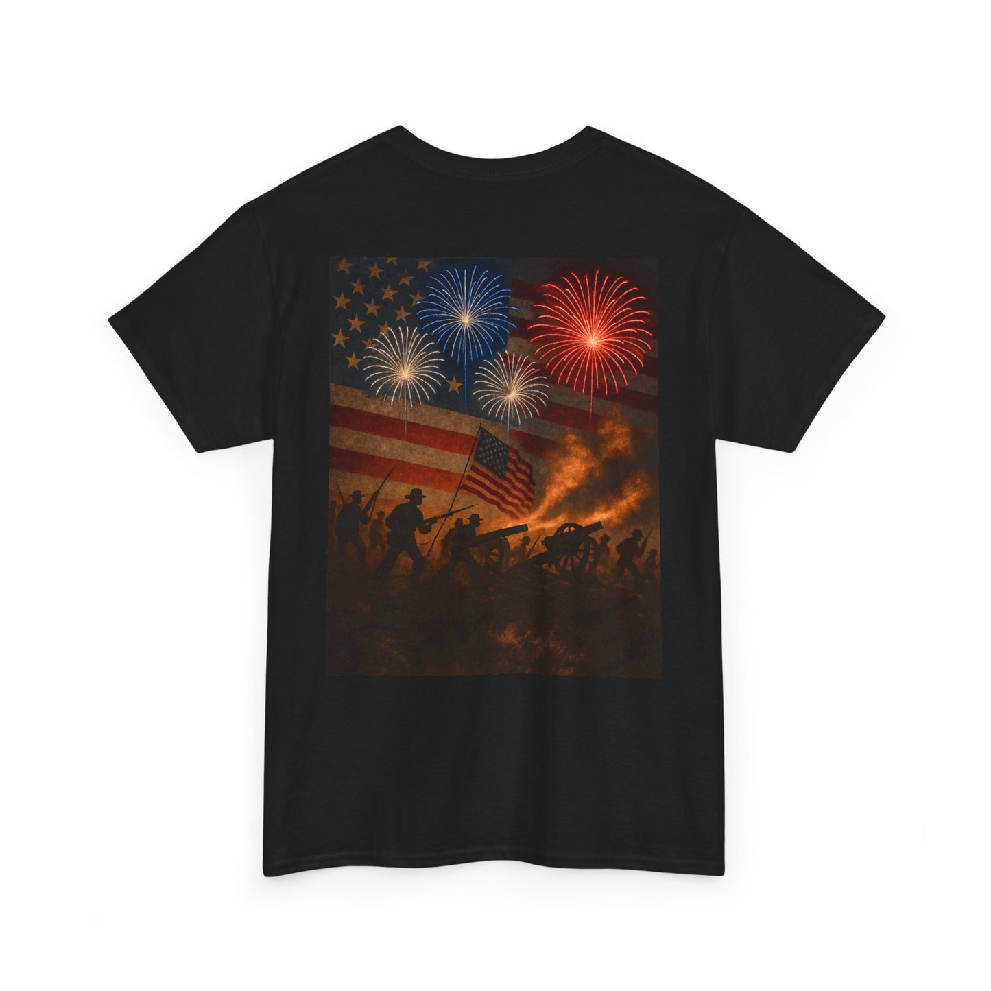 Patriotic Fireworks Flag Tee — American Soldiers Silhouette 4th of July T-Shirt