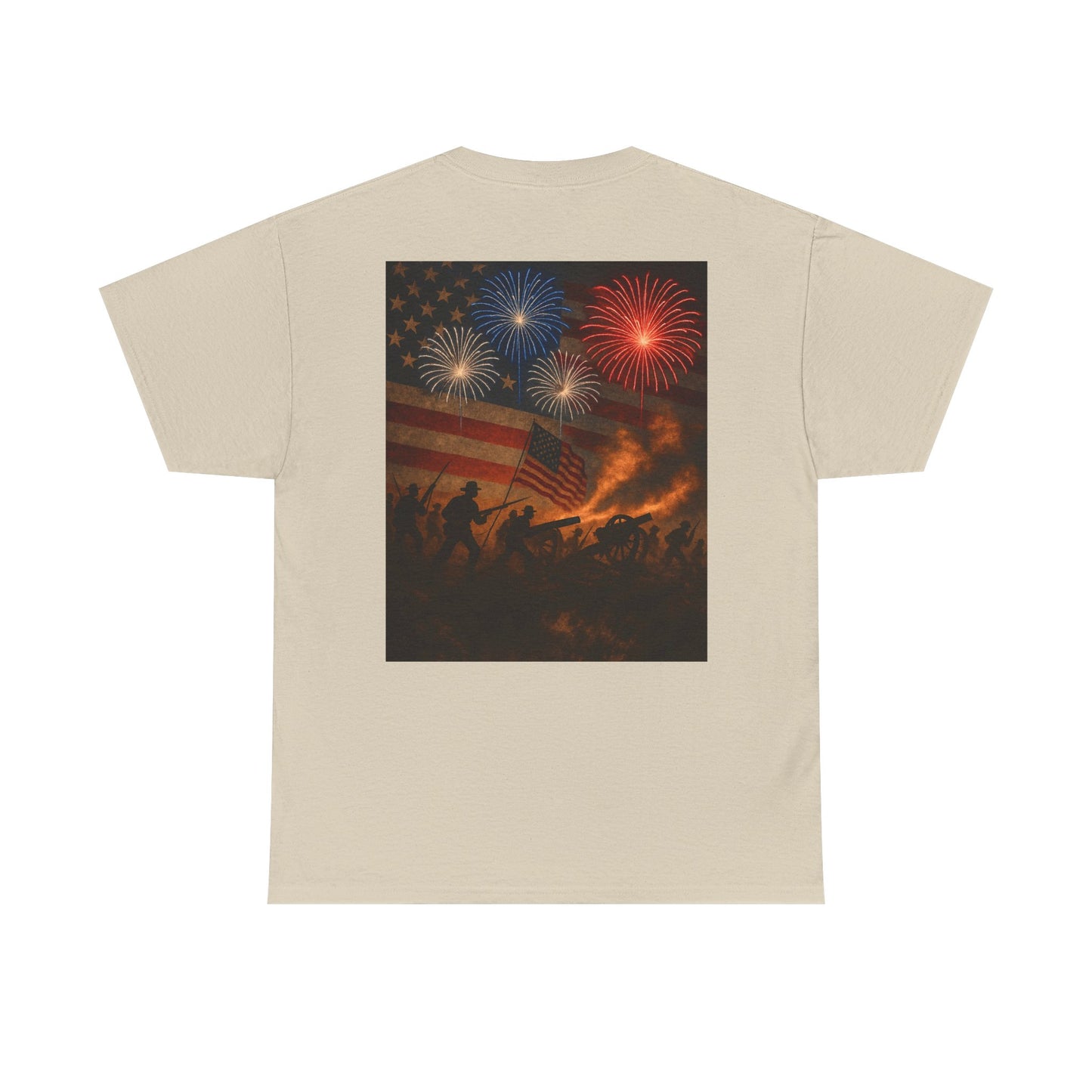 Patriotic Fireworks Flag Tee — American Soldiers Silhouette 4th of July T-Shirt