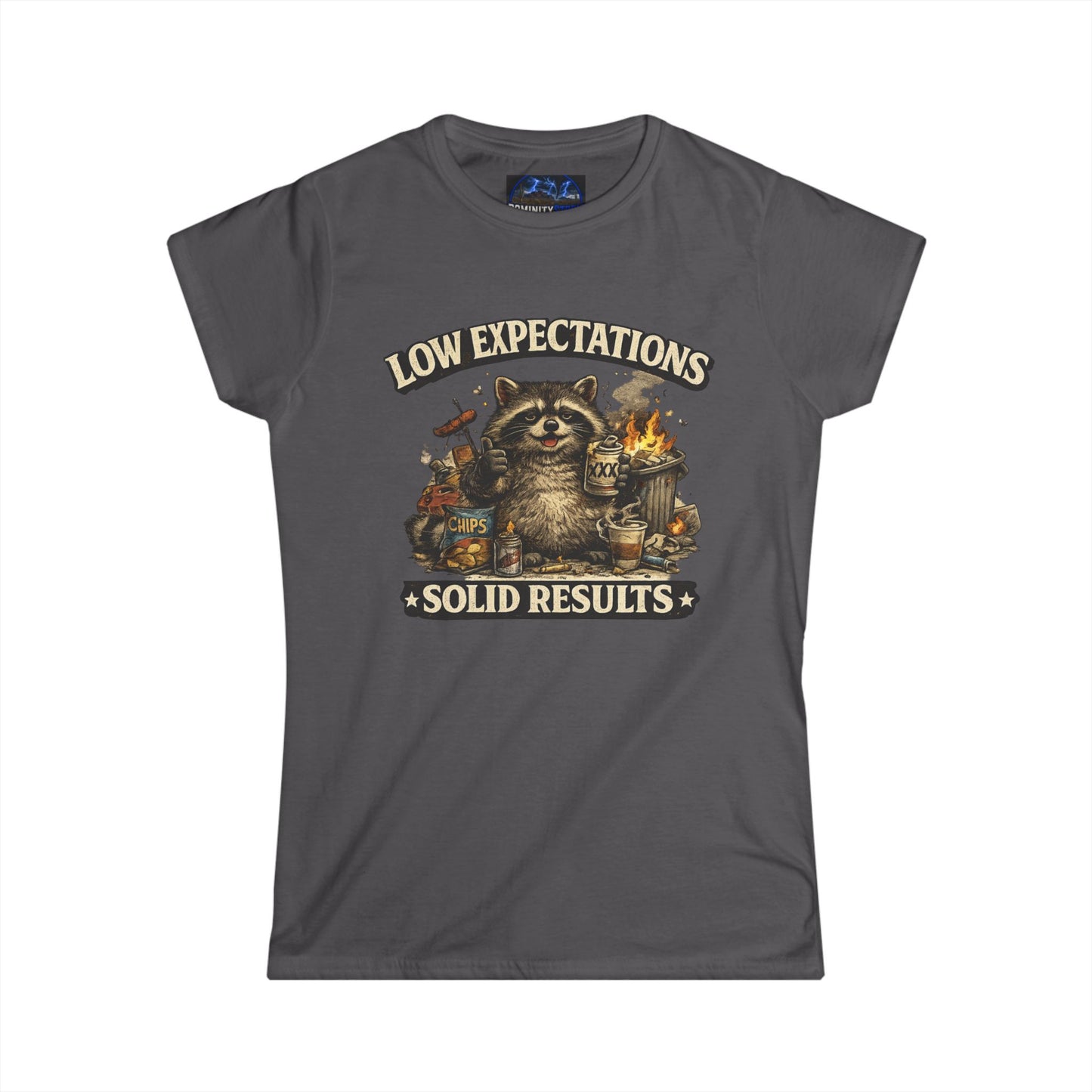 Graphic Low Expectations Solid Results Tee — Funny Raccoon Women's T-Shirt