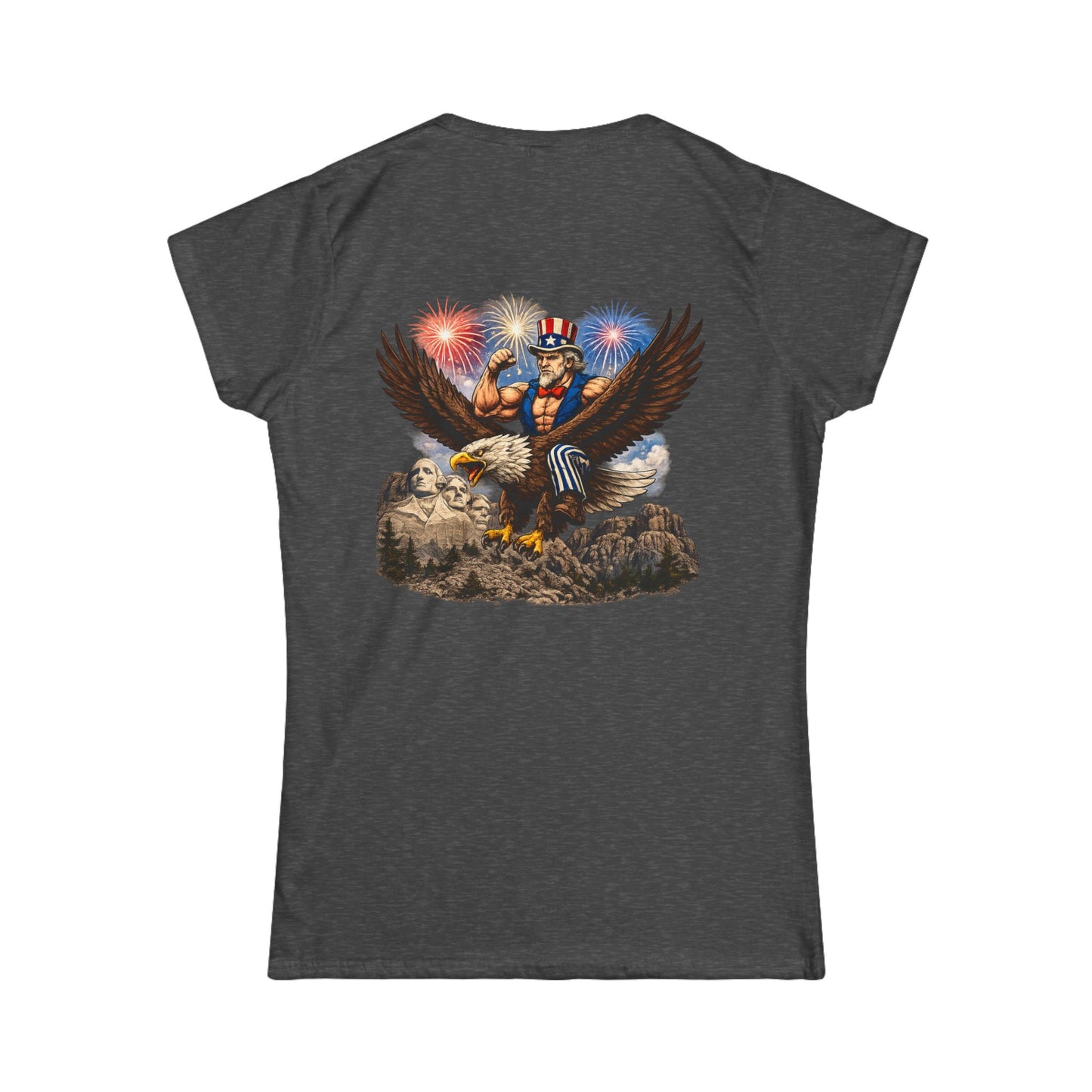 Graphic Women's Tee — Patriotic Uncle Sam Riding Bald Eagle with Fireworks