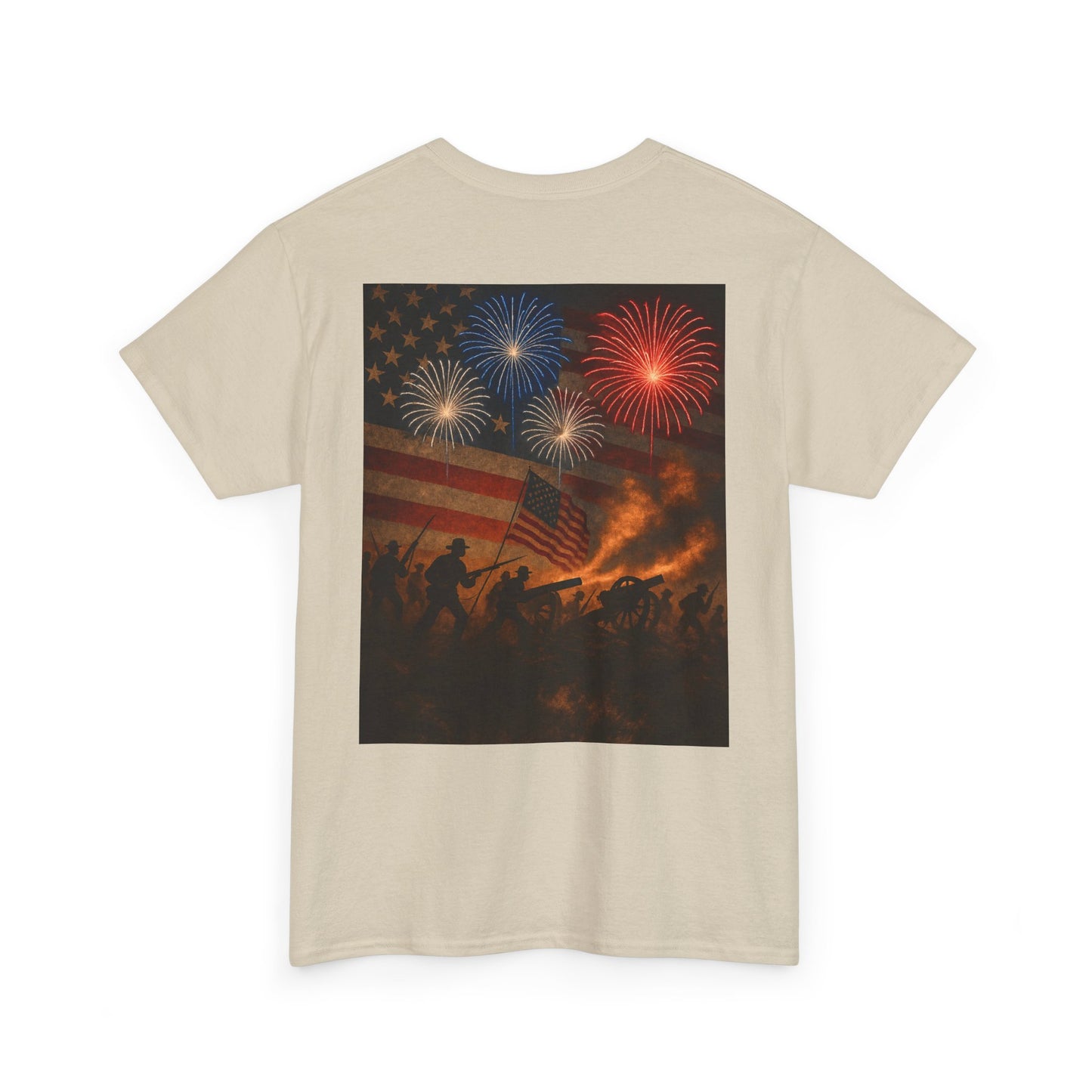 Patriotic Fireworks Flag Tee — American Soldiers Silhouette 4th of July T-Shirt