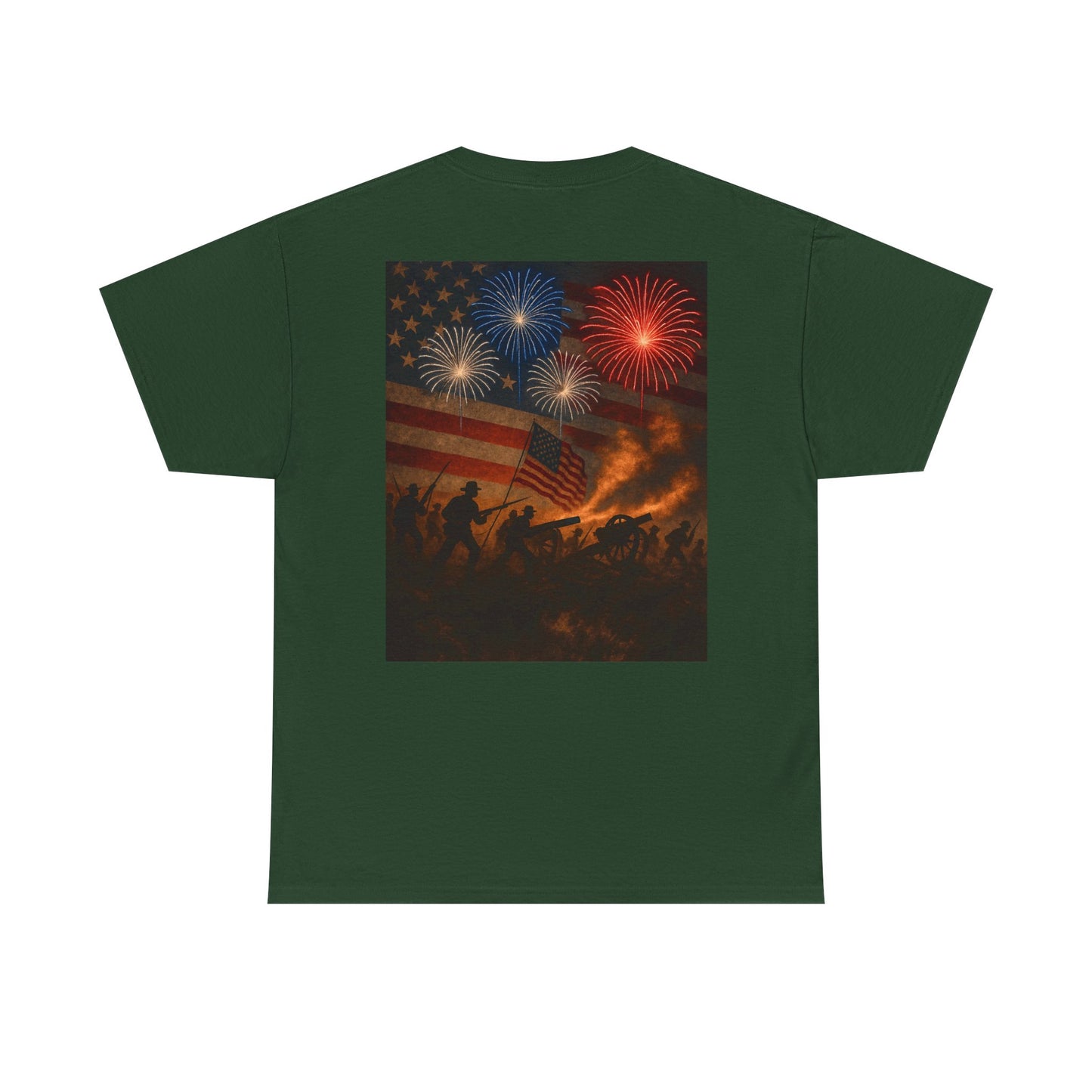 Patriotic Fireworks Flag Tee — American Soldiers Silhouette 4th of July T-Shirt