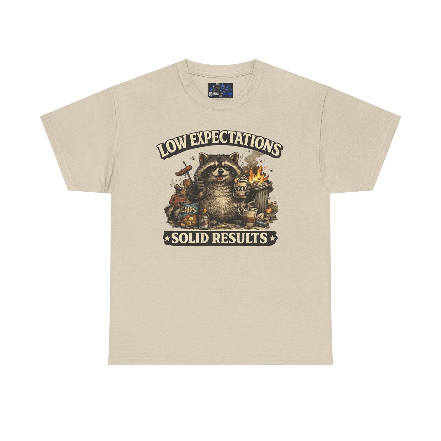 Low Expectations Solid Results T‑Shirt — Funny Raccoon Apocalypse Graphic Tee