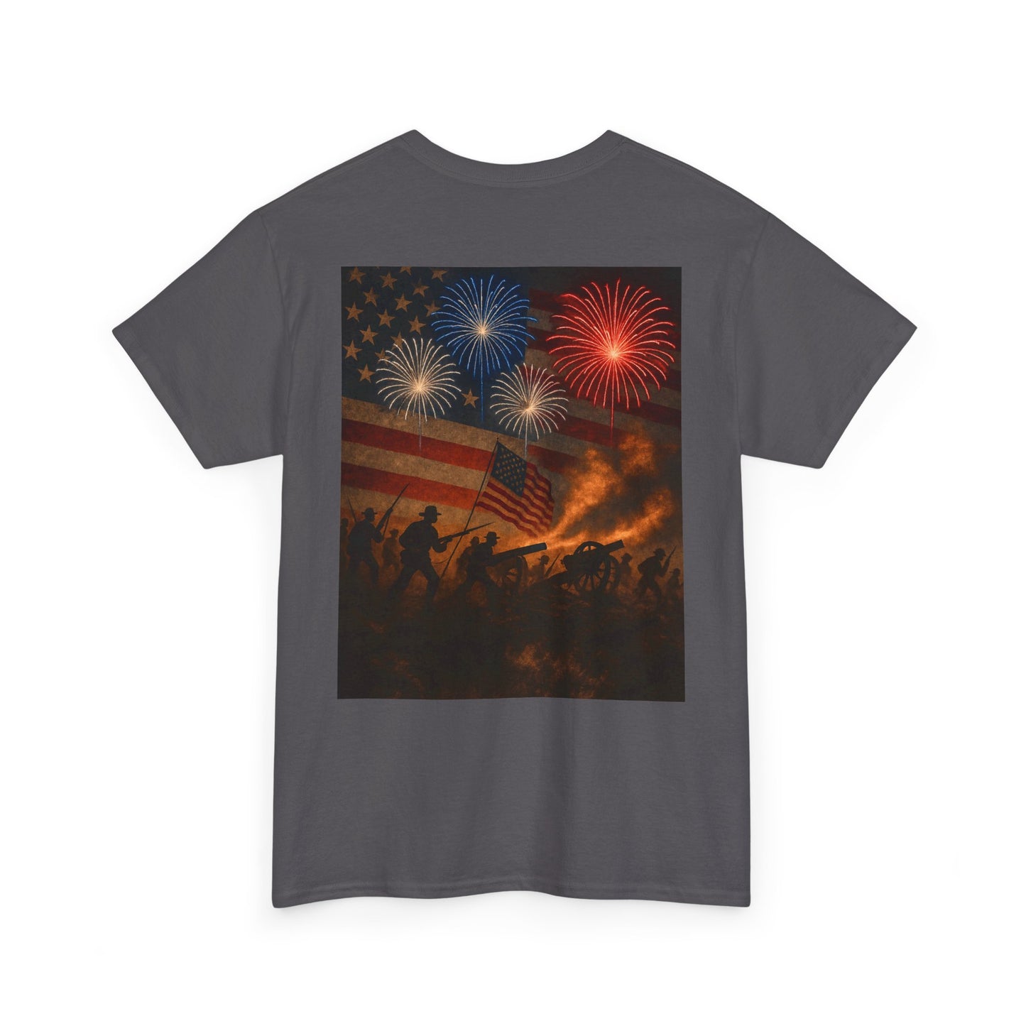 Patriotic Fireworks Flag Tee — American Soldiers Silhouette 4th of July T-Shirt