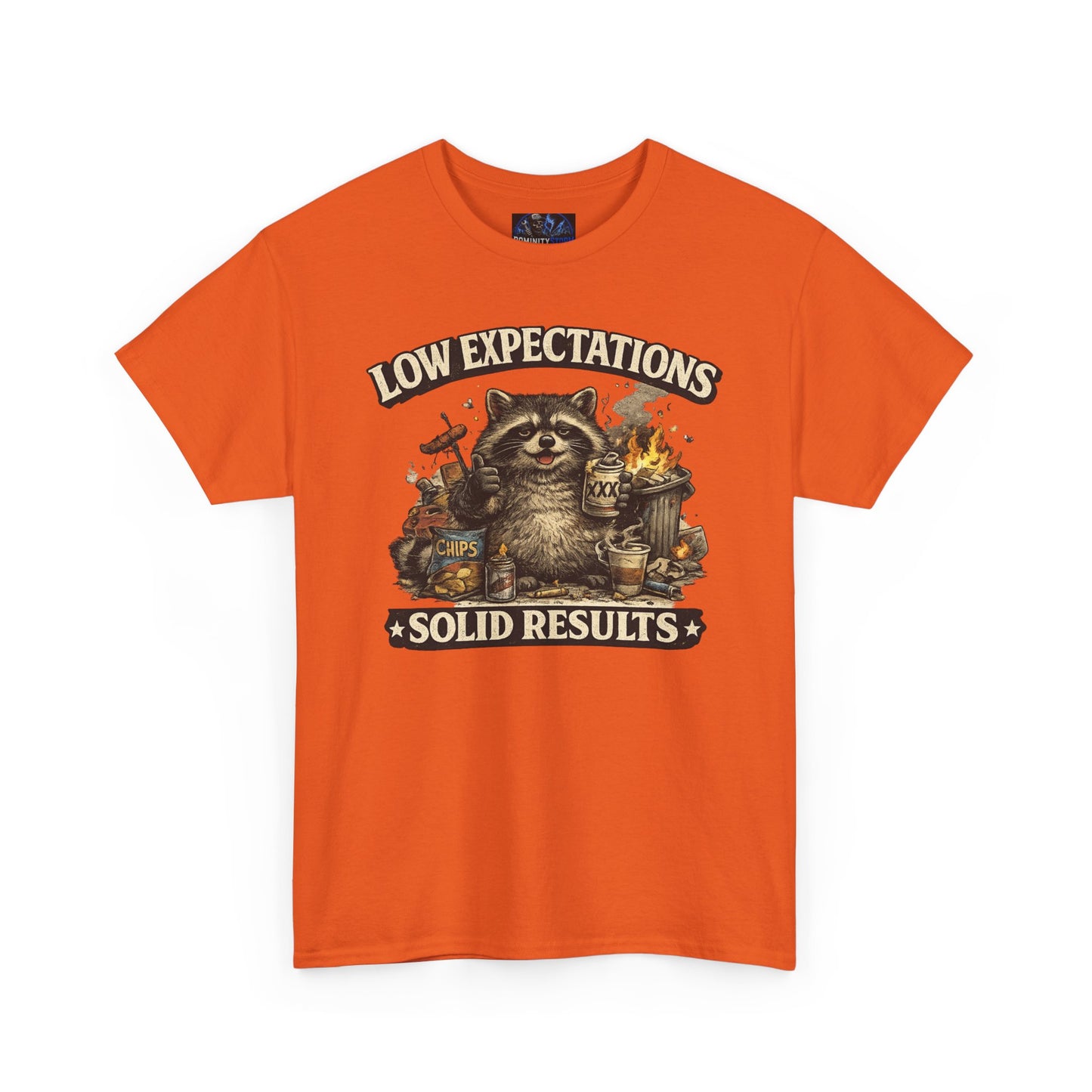 Low Expectations Solid Results T‑Shirt — Funny Raccoon Apocalypse Graphic Tee