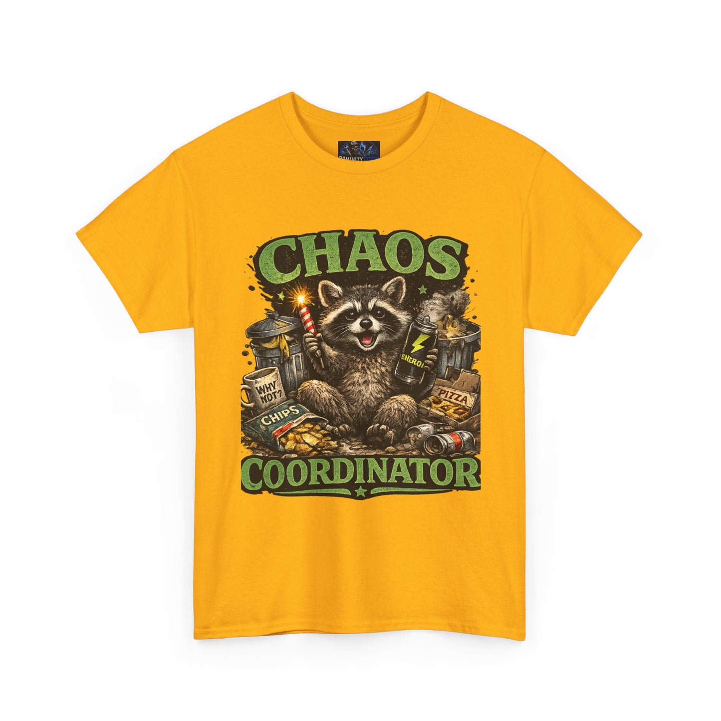 Chaos Coordinator T-Shirt — Funny Raccoon Graphic Tee for Gamers & Catastrophe Lovers