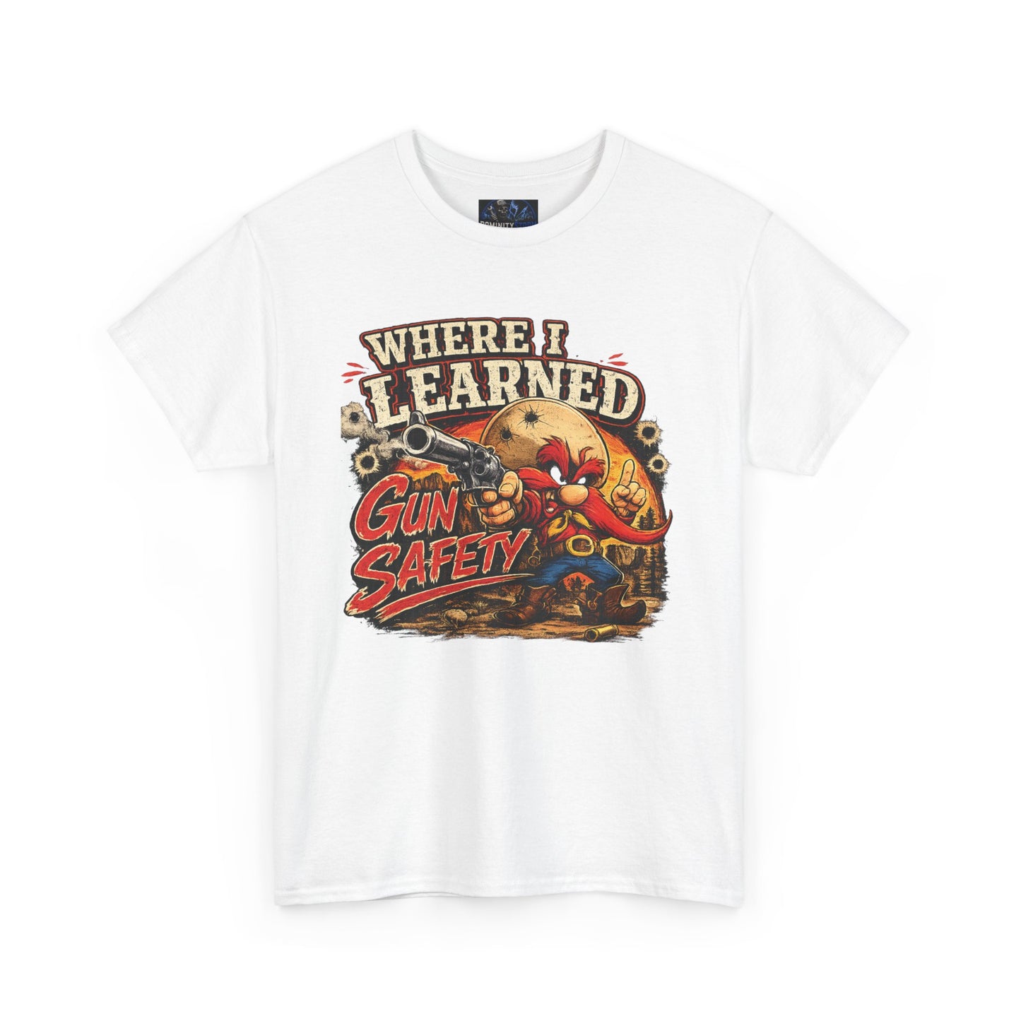 Where I Learned Gun Safety T-Shirt — Retro Cartoon Firearm Safety Tee