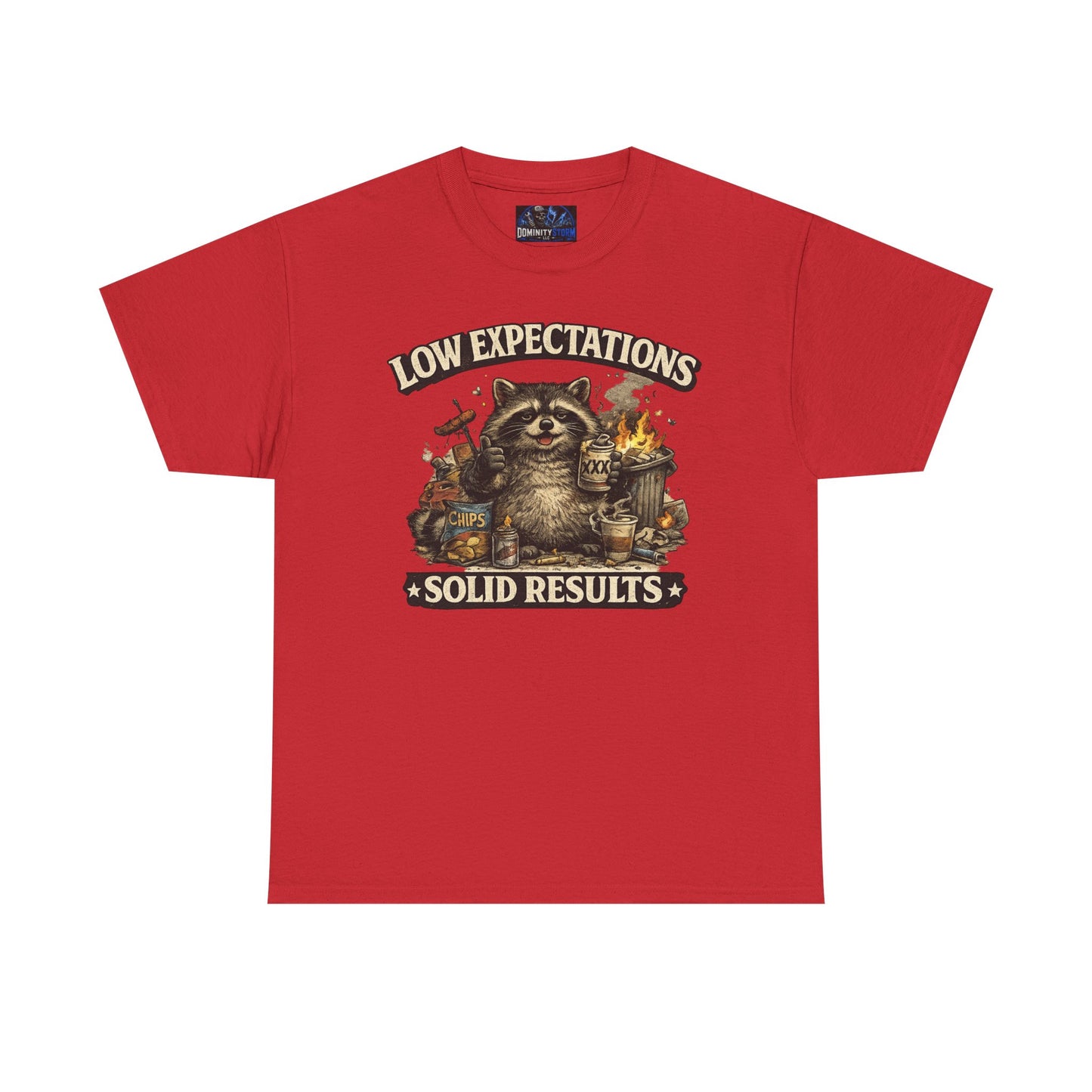 Low Expectations Solid Results T‑Shirt — Funny Raccoon Apocalypse Graphic Tee