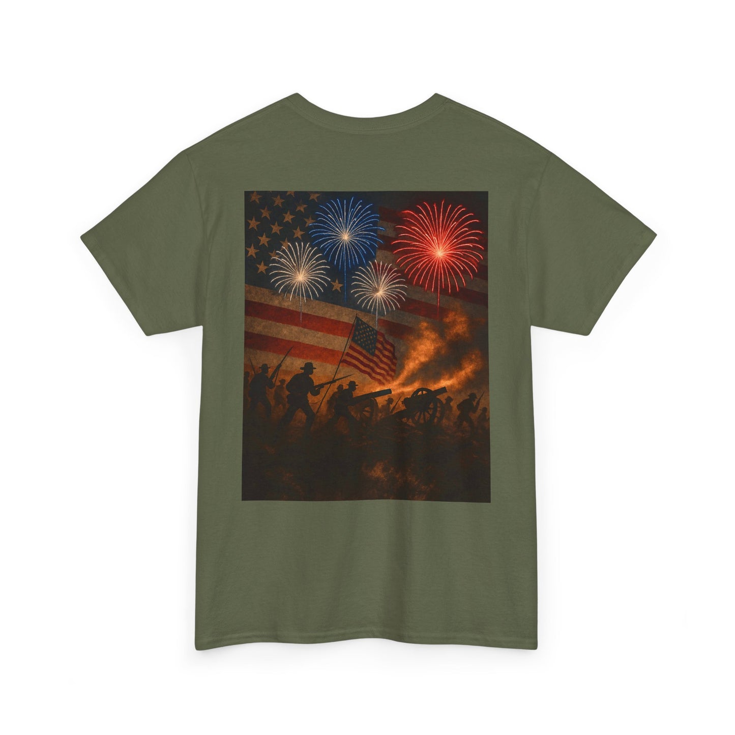 Patriotic Fireworks Flag Tee — American Soldiers Silhouette 4th of July T-Shirt