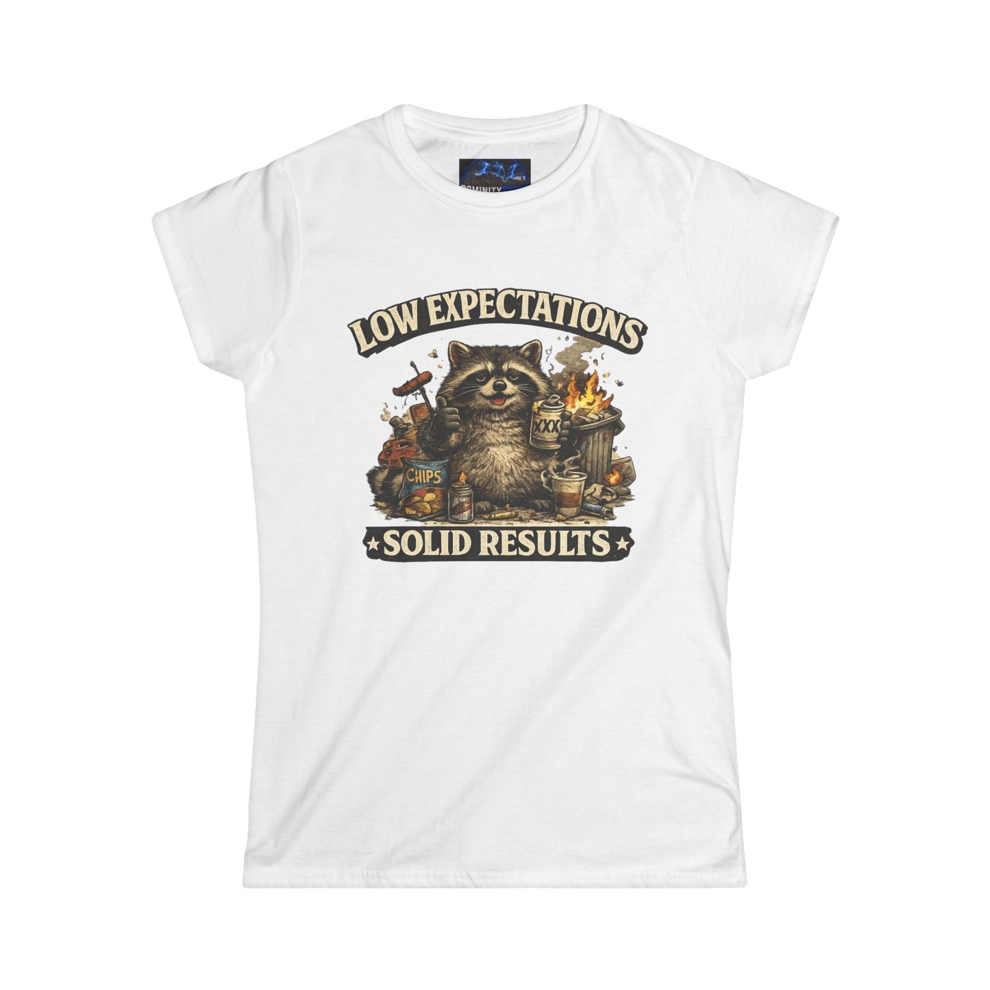 Graphic Low Expectations Solid Results Tee — Funny Raccoon Women's T-Shirt