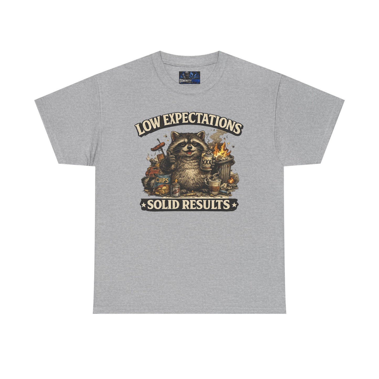 Low Expectations Solid Results T‑Shirt — Funny Raccoon Apocalypse Graphic Tee