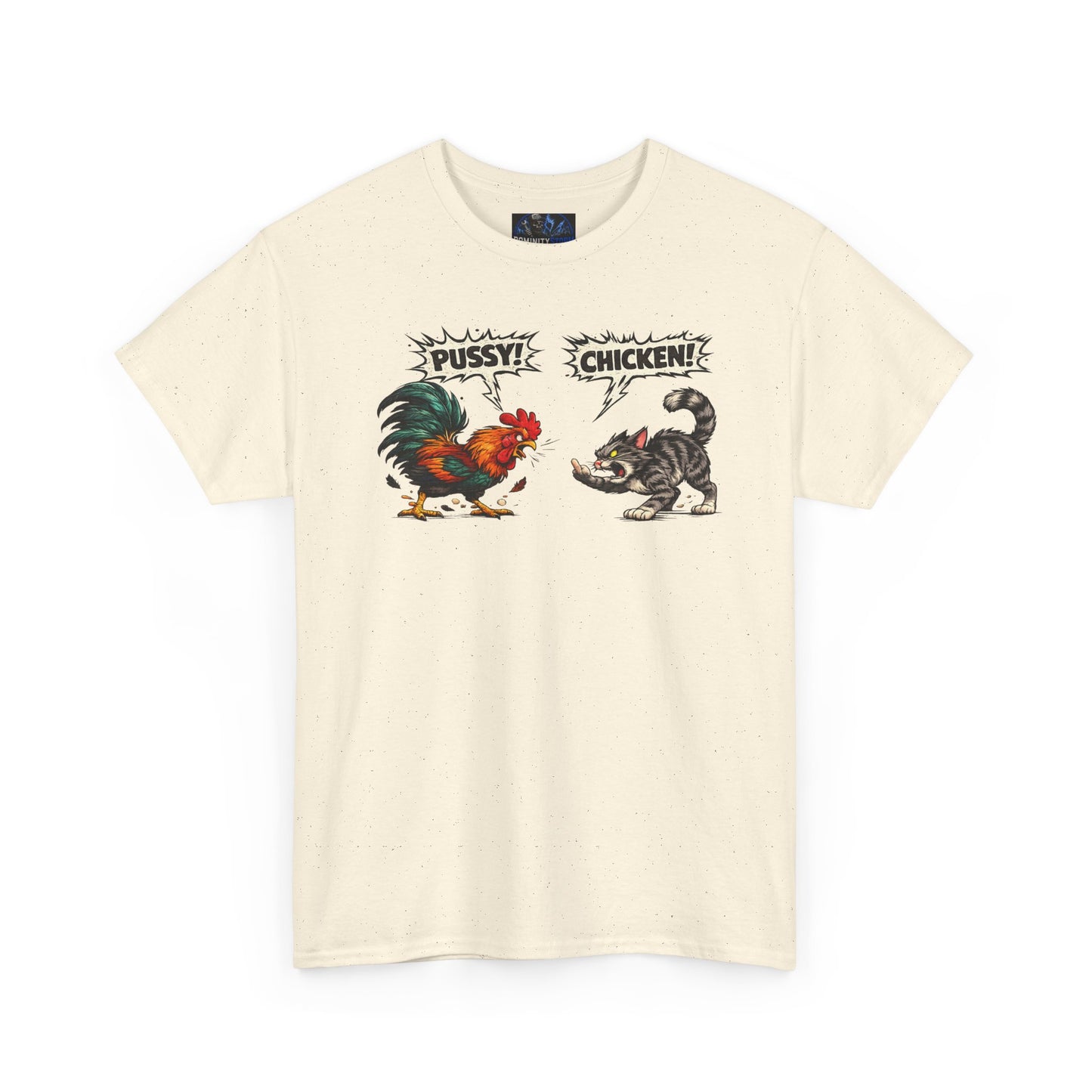Rooster vs Cat Graphic Tee – "Pussy? Chicken?" Vintage Fight Cartoon T-Shirt