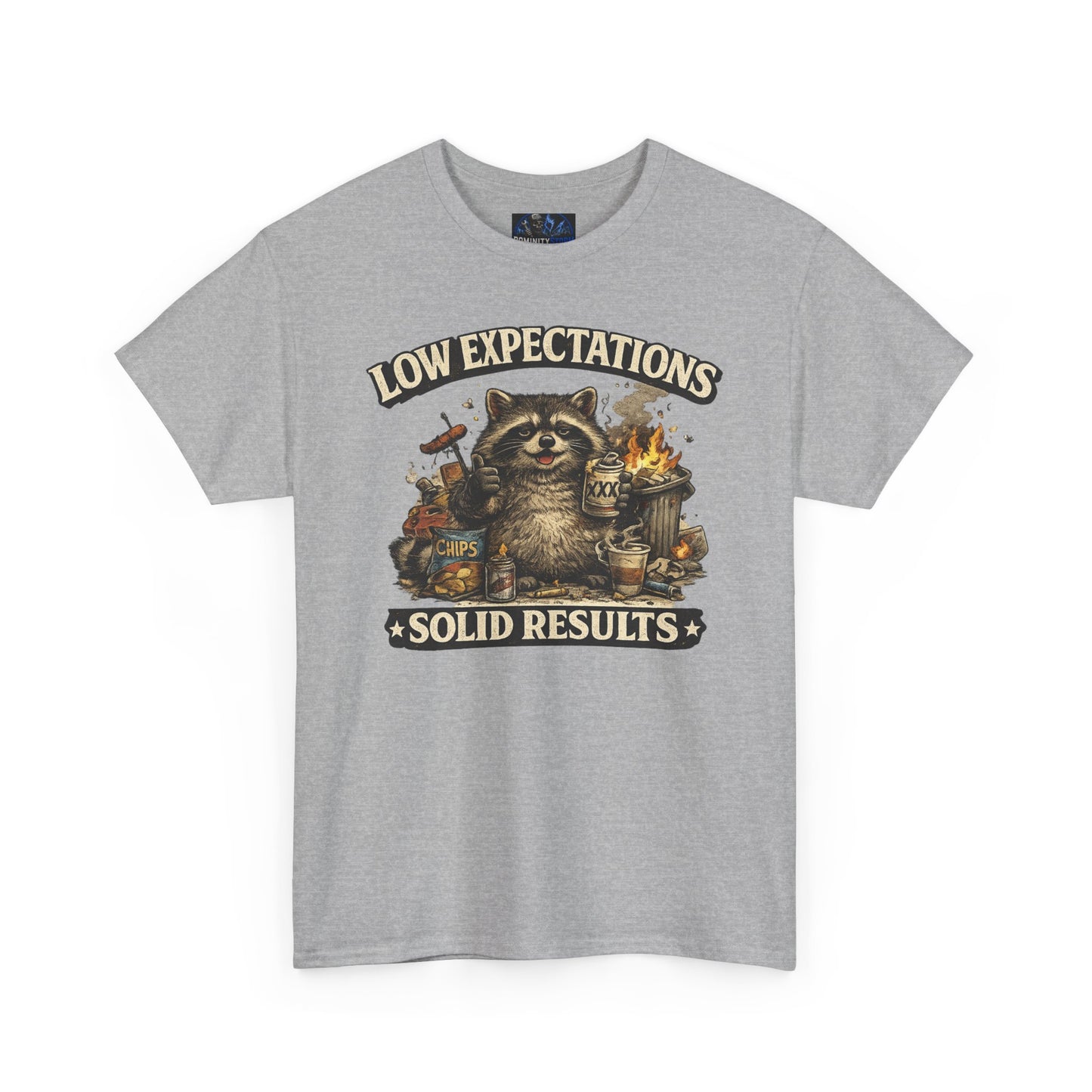 Low Expectations Solid Results T‑Shirt — Funny Raccoon Apocalypse Graphic Tee