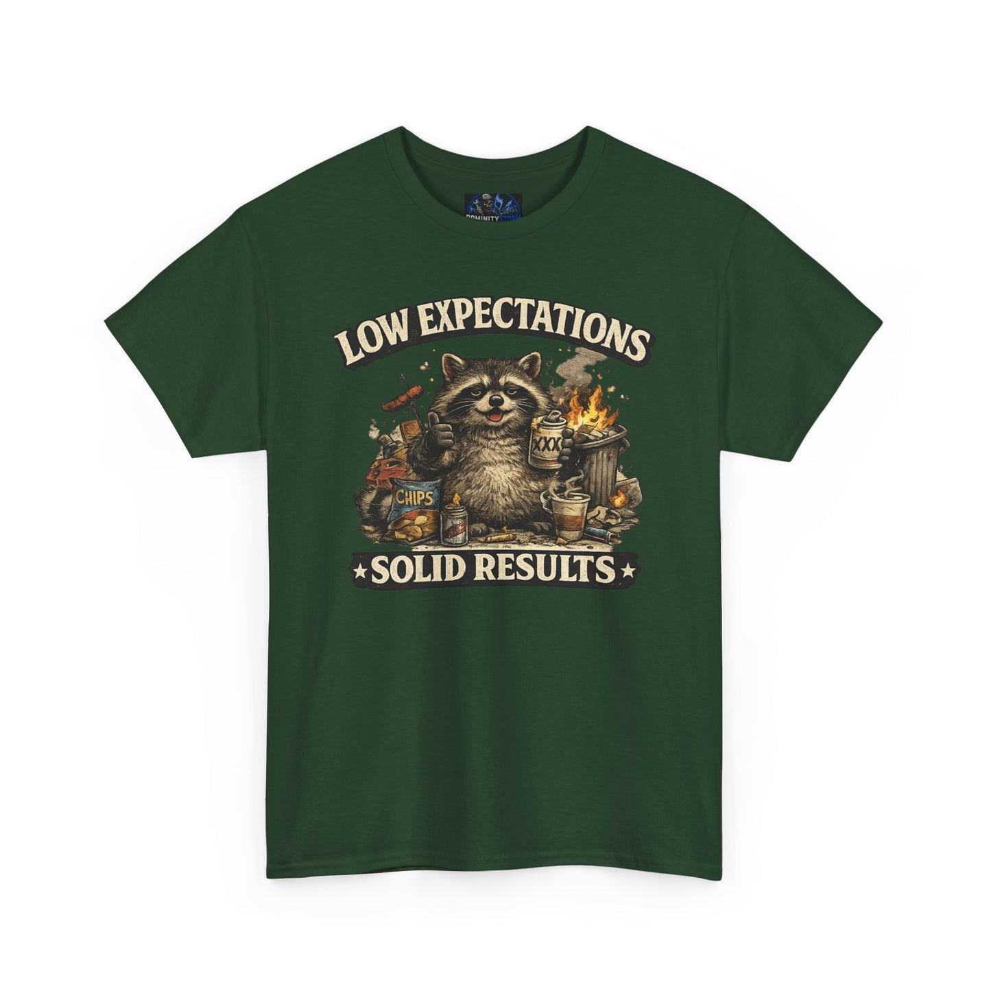 Low Expectations Solid Results T‑Shirt — Funny Raccoon Apocalypse Graphic Tee