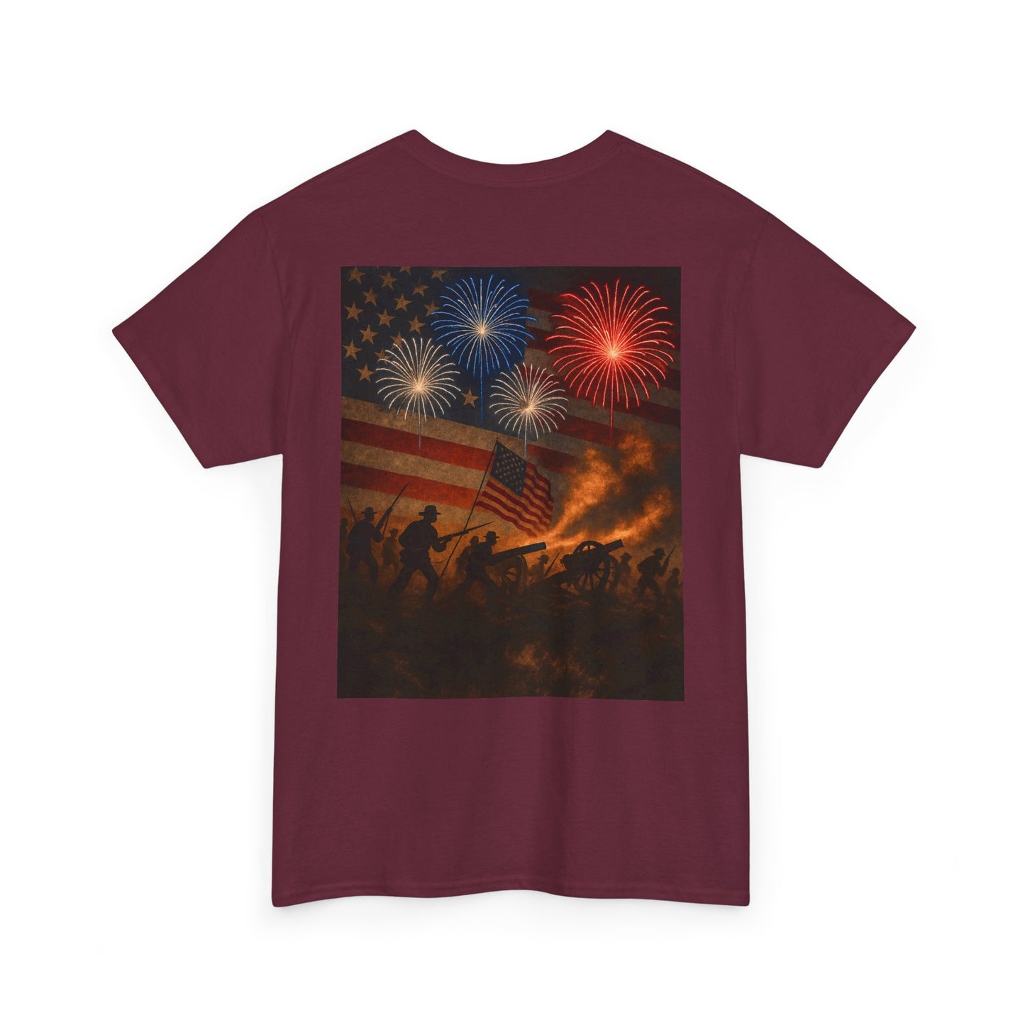 Patriotic Fireworks Flag Tee — American Soldiers Silhouette 4th of July T-Shirt