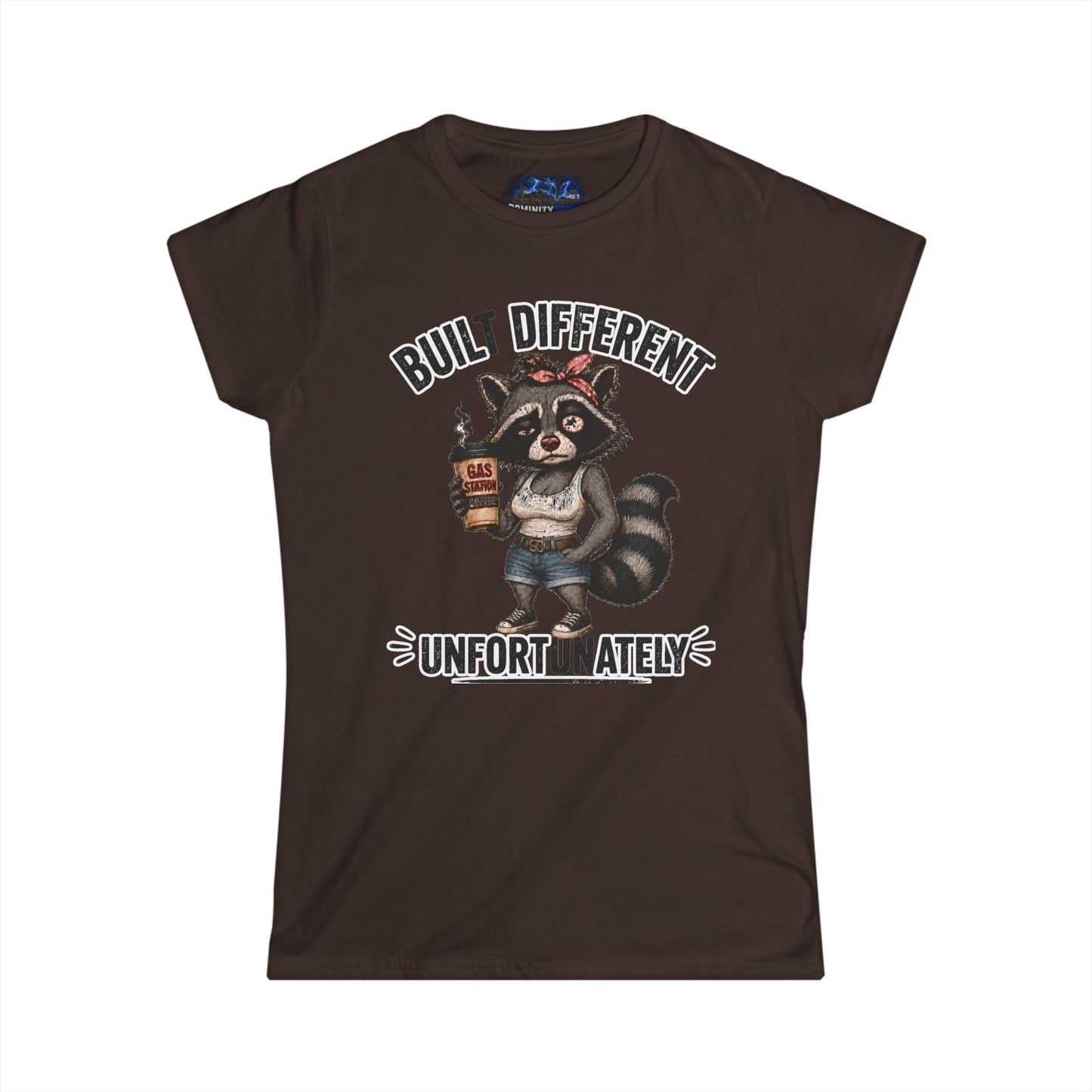 Graphic Women's Tee — 'Built Different Unfortunately' Cute Raccoon Shirt