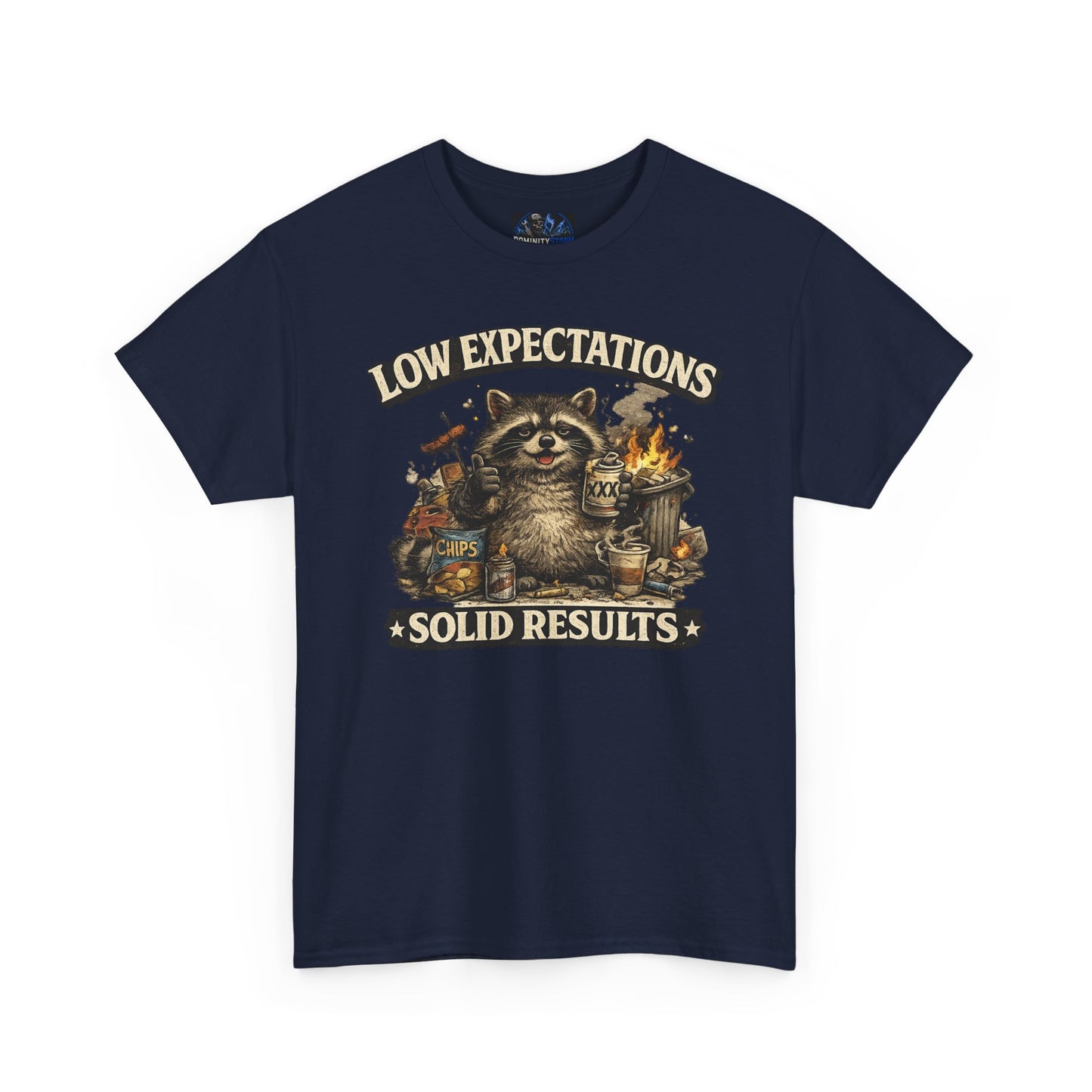 Low Expectations Solid Results T‑Shirt — Funny Raccoon Apocalypse Graphic Tee
