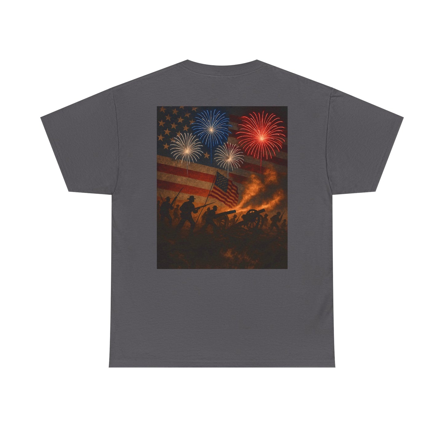 Patriotic Fireworks Flag Tee — American Soldiers Silhouette 4th of July T-Shirt