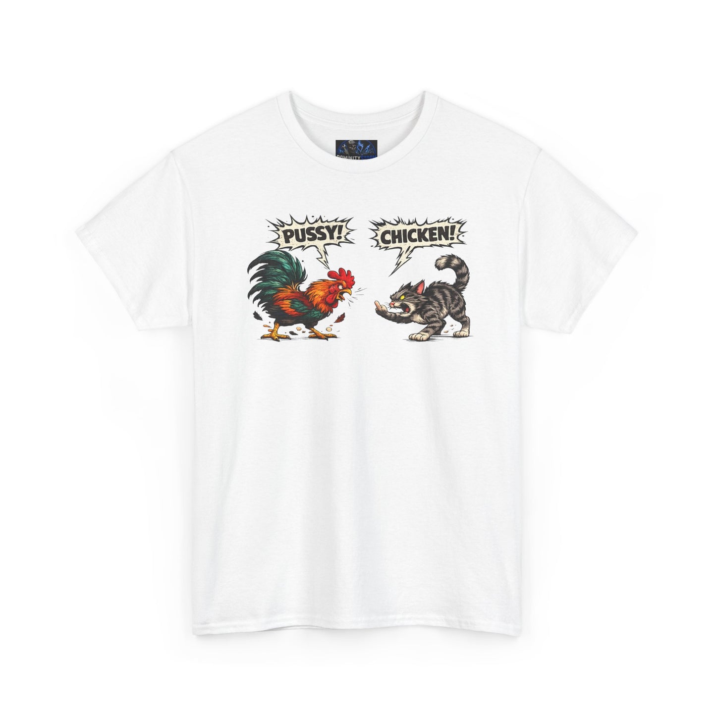 Rooster vs Cat Graphic Tee – "Pussy? Chicken?" Vintage Fight Cartoon T-Shirt