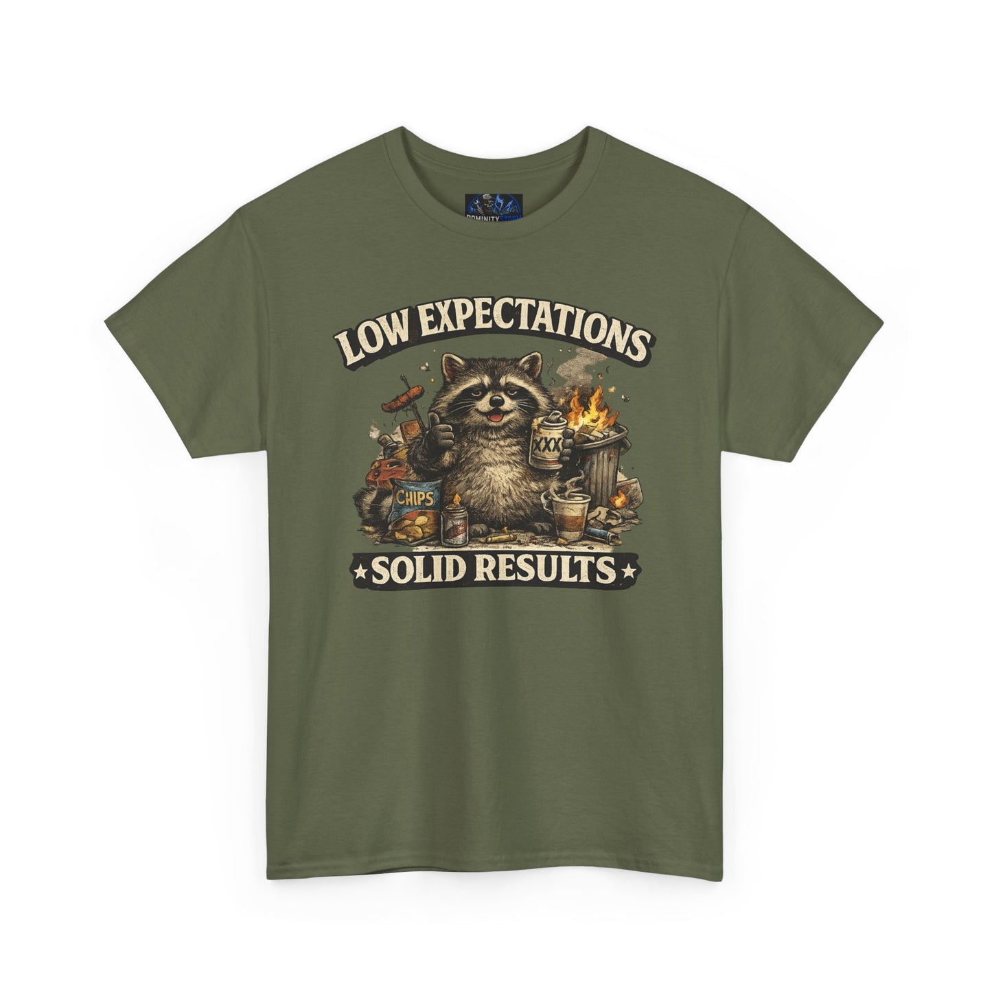 Low Expectations Solid Results T‑Shirt — Funny Raccoon Apocalypse Graphic Tee