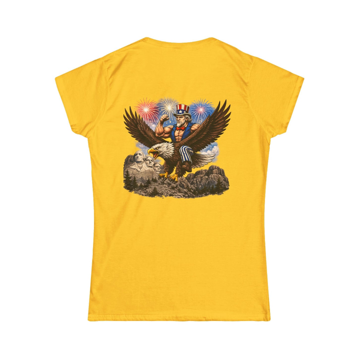 Graphic Women's Tee — Patriotic Uncle Sam Riding Bald Eagle with Fireworks
