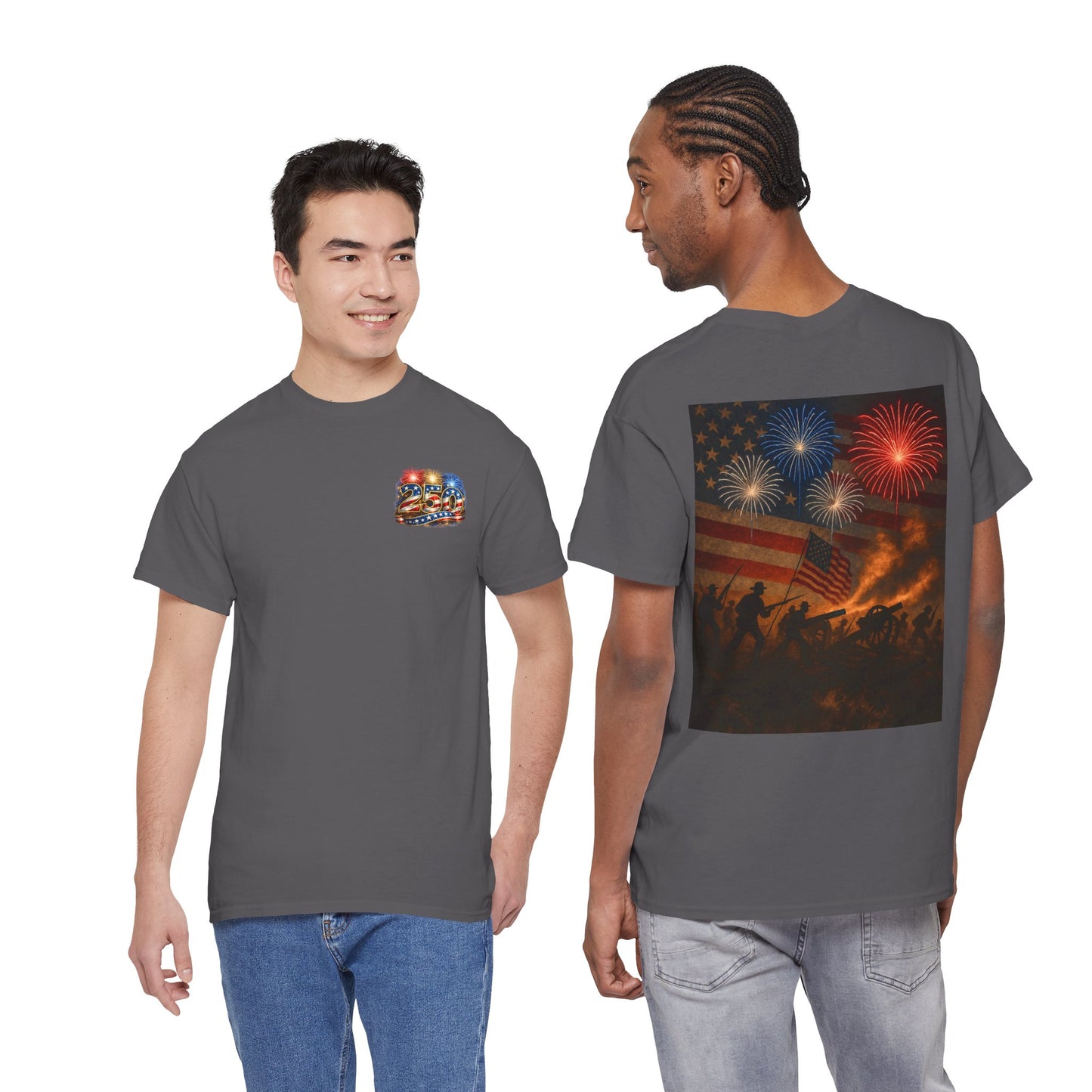 Patriotic Fireworks Flag Tee — American Soldiers Silhouette 4th of July T-Shirt