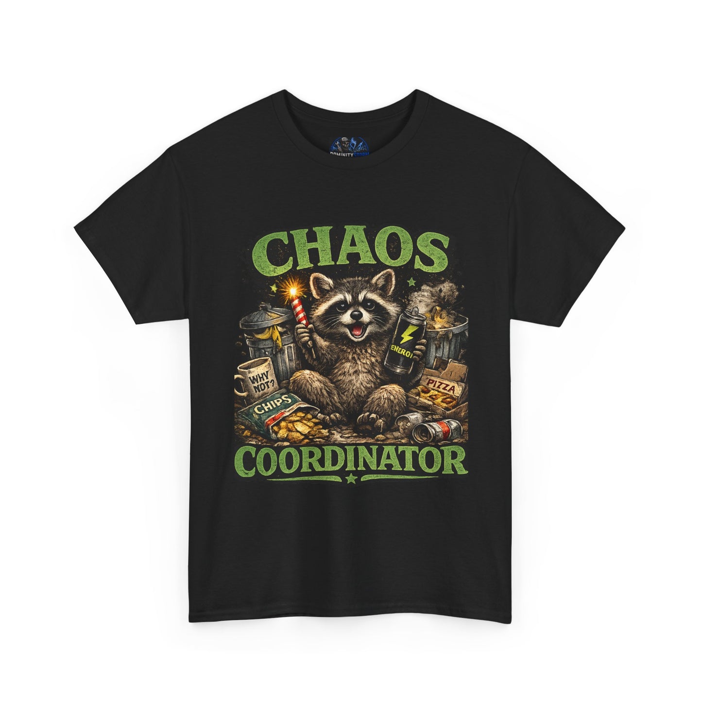 Chaos Coordinator T-Shirt — Funny Raccoon Graphic Tee for Gamers & Catastrophe Lovers