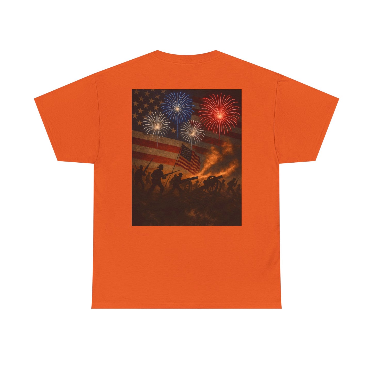 Patriotic Fireworks Flag Tee — American Soldiers Silhouette 4th of July T-Shirt