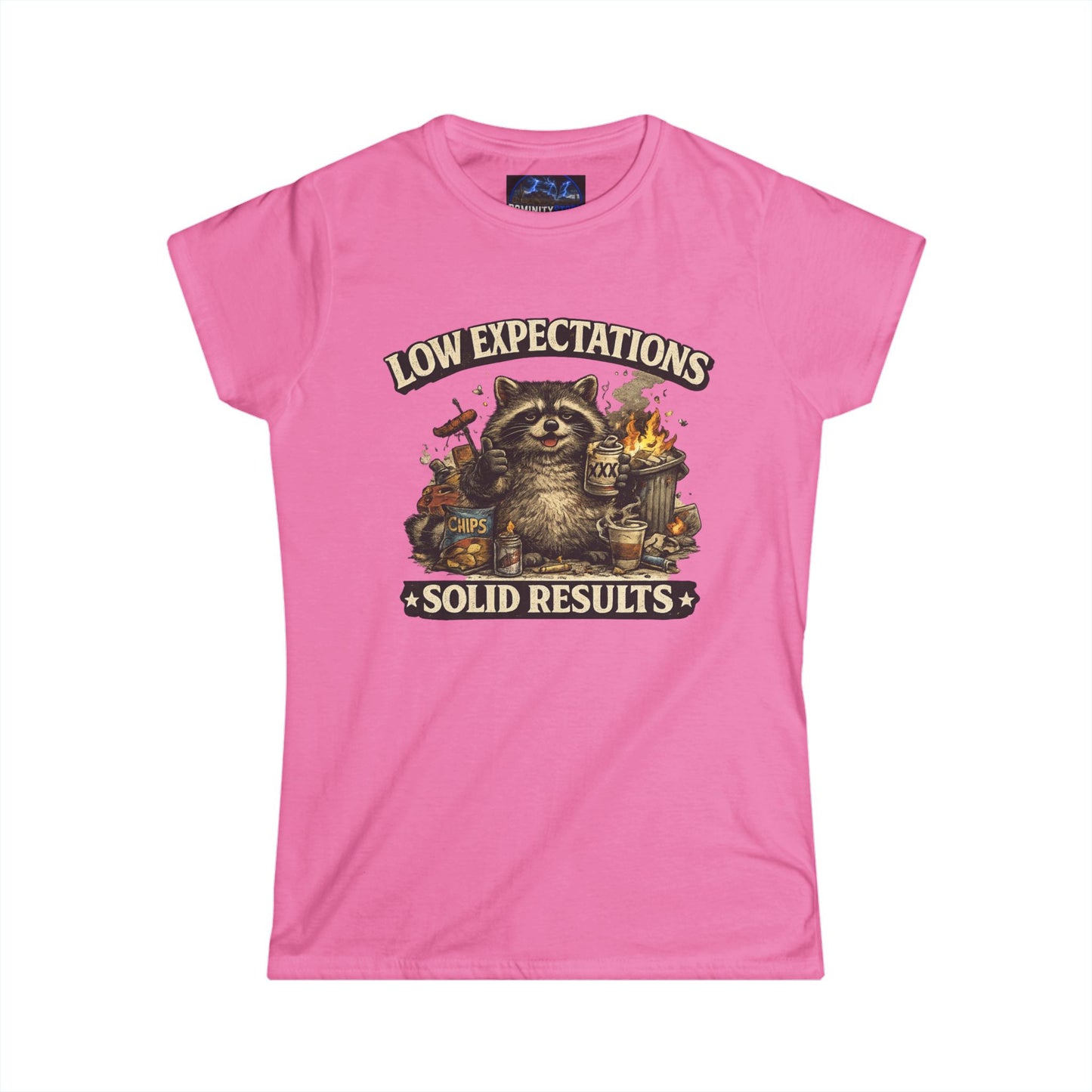 Graphic Low Expectations Solid Results Tee — Funny Raccoon Women's T-Shirt
