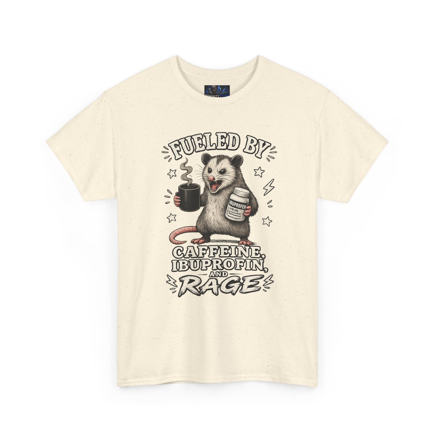 T-Shirt — Fueled by Caffeine, Ibuprofen & Rage Possum Coffee Humor Tee