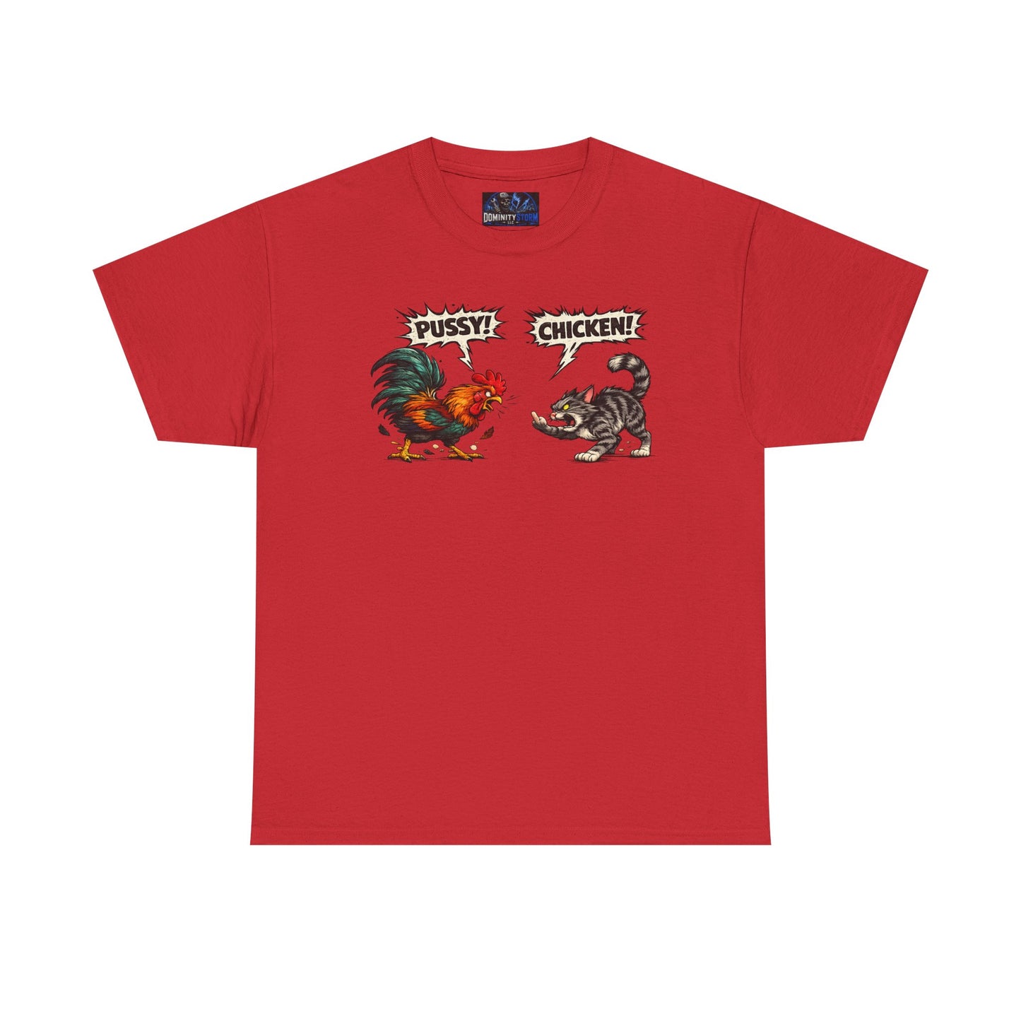 Rooster vs Cat Graphic Tee – "Pussy? Chicken?" Vintage Fight Cartoon T-Shirt