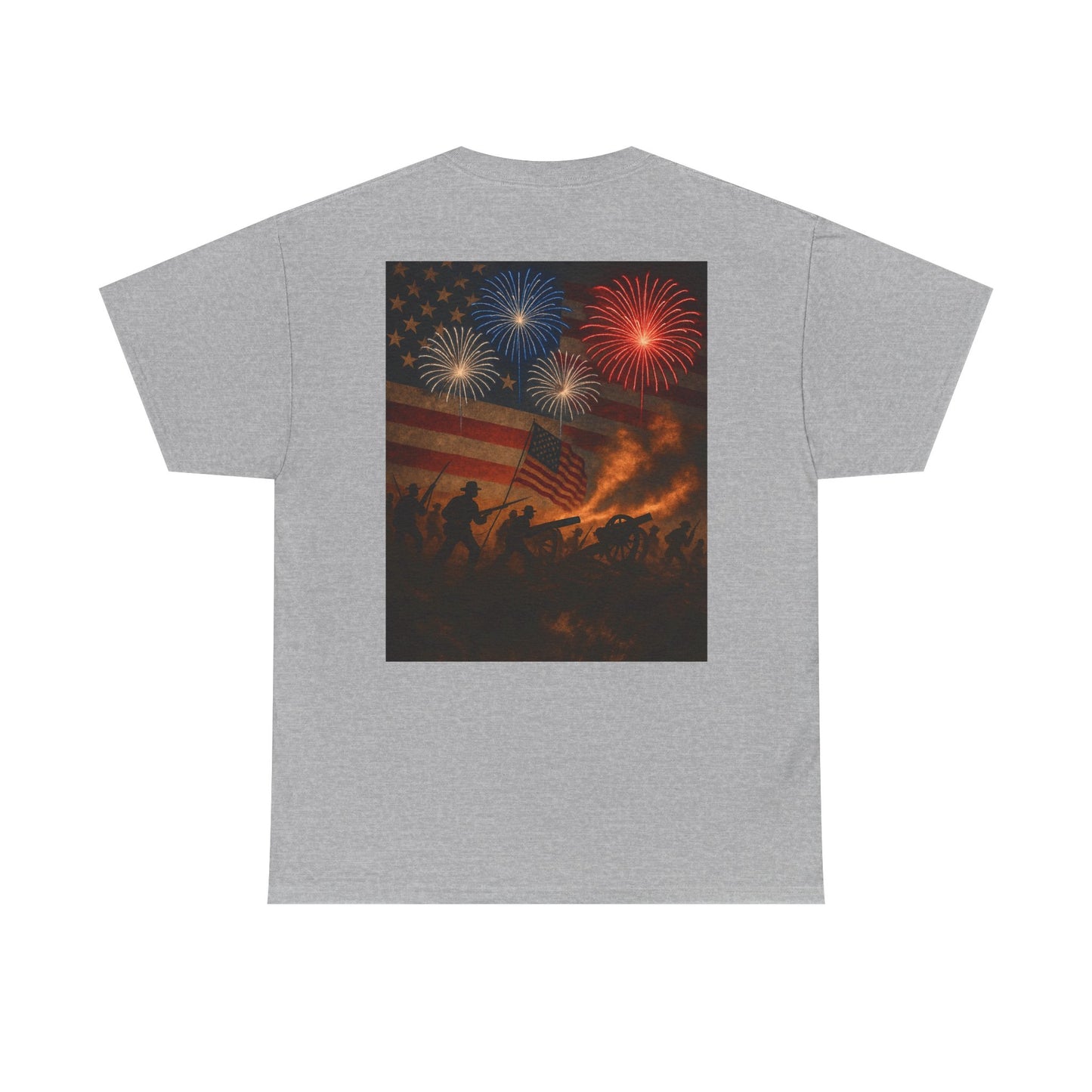 Patriotic Fireworks Flag Tee — American Soldiers Silhouette 4th of July T-Shirt