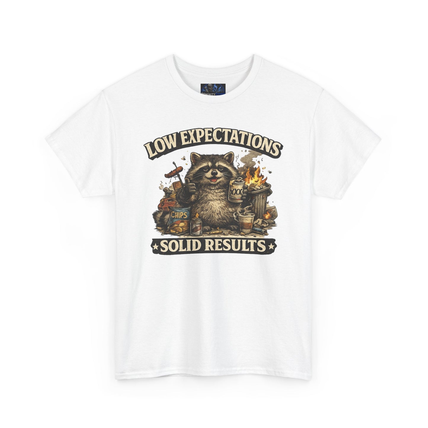 Low Expectations Solid Results T‑Shirt — Funny Raccoon Apocalypse Graphic Tee