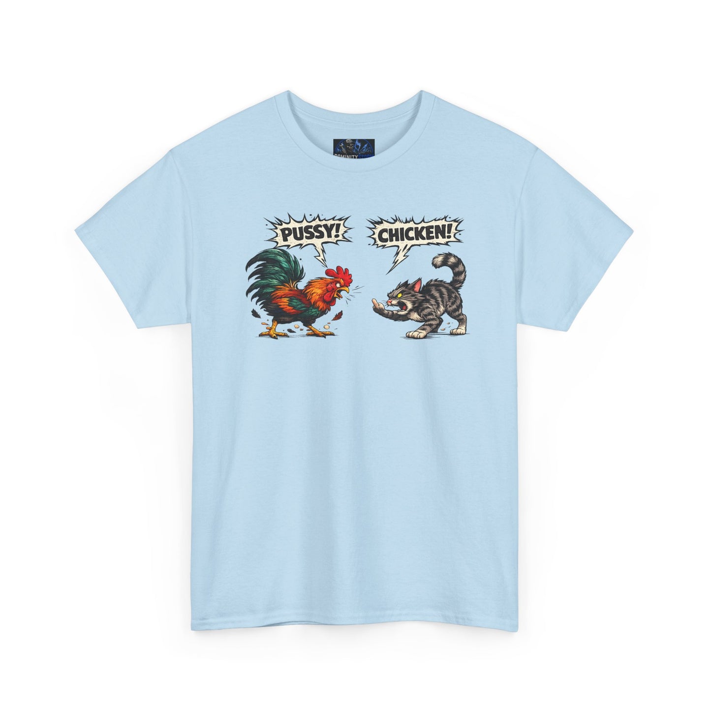 Rooster vs Cat Graphic Tee – "Pussy? Chicken?" Vintage Fight Cartoon T-Shirt
