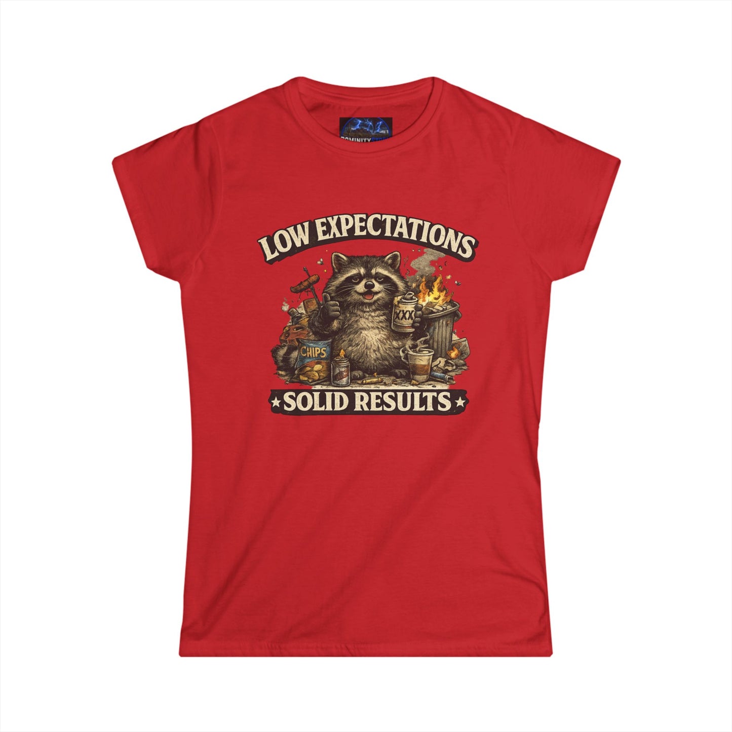 Graphic Low Expectations Solid Results Tee — Funny Raccoon Women's T-Shirt