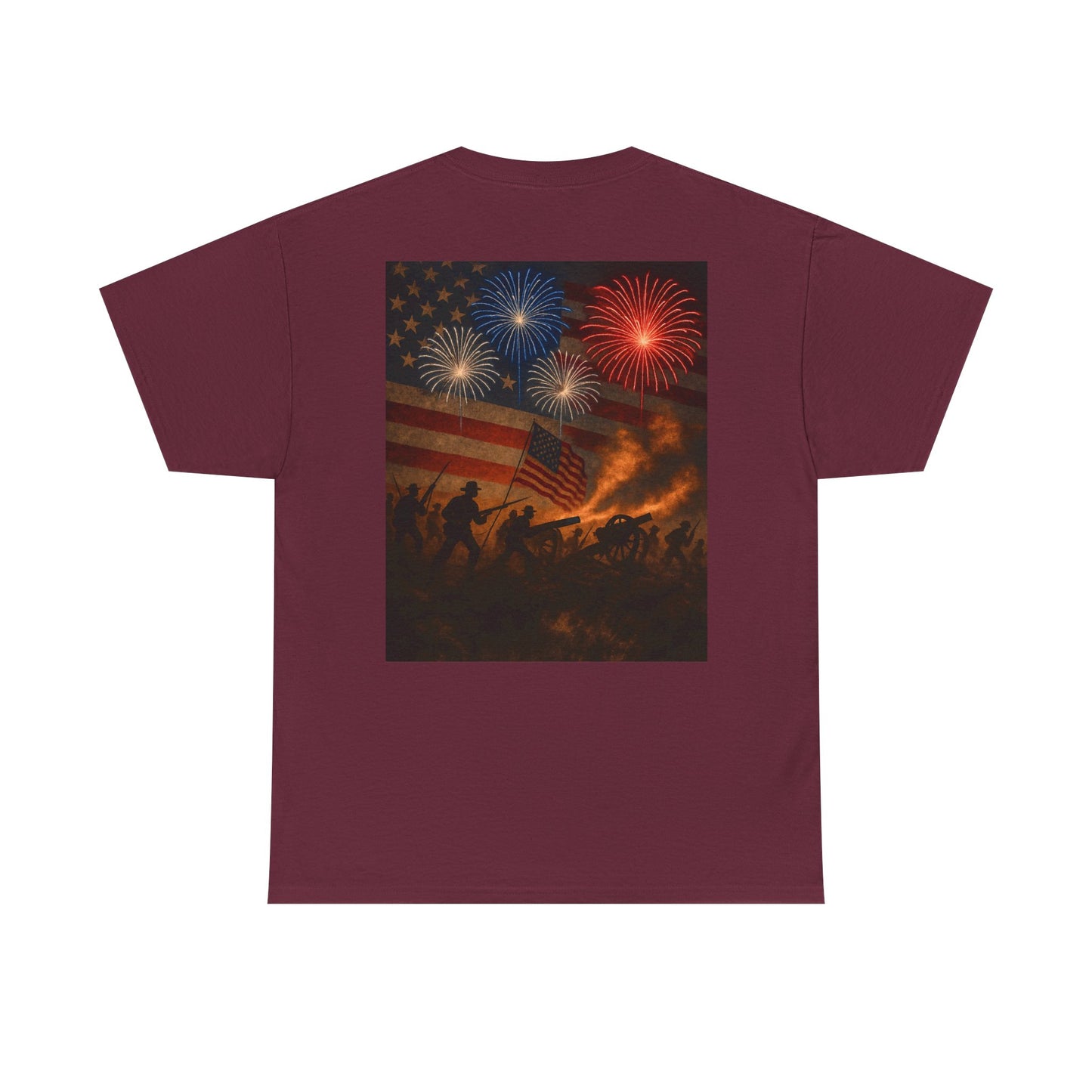 Patriotic Fireworks Flag Tee — American Soldiers Silhouette 4th of July T-Shirt