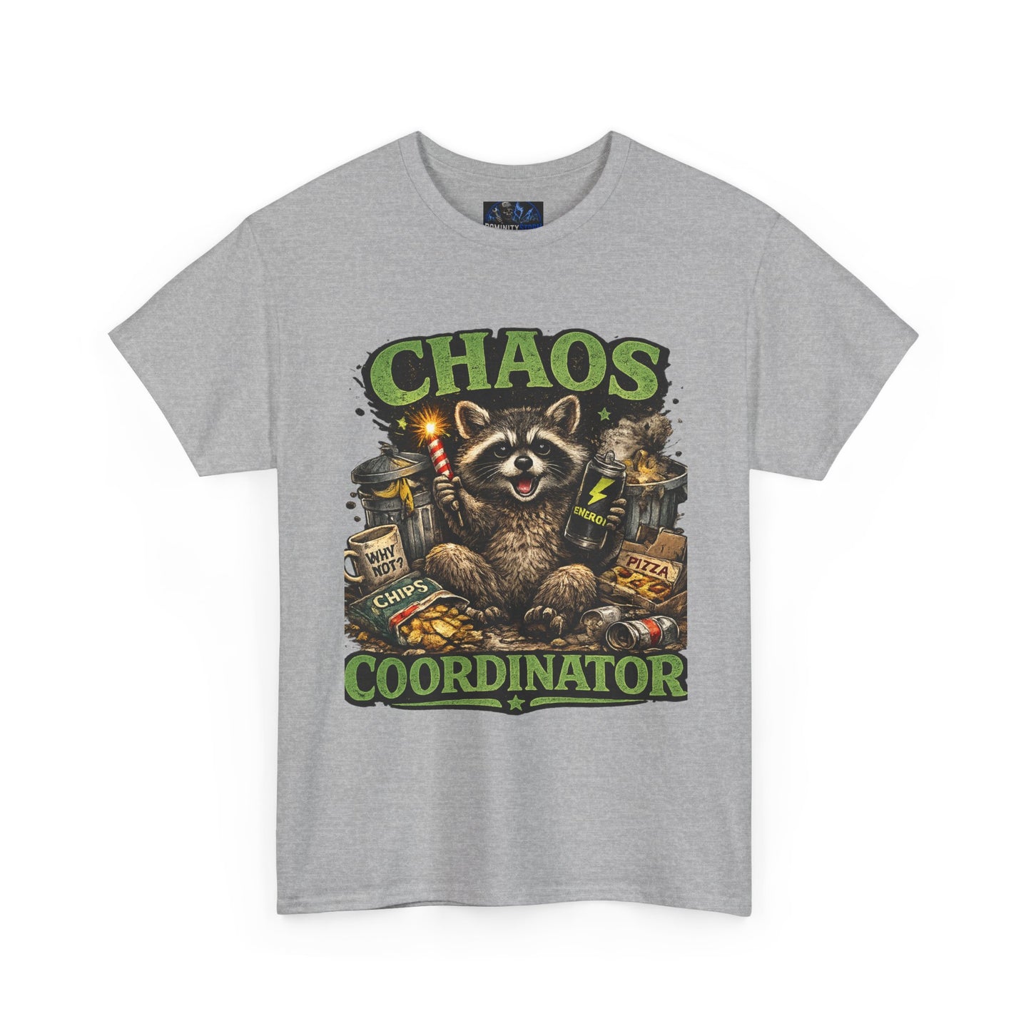 Chaos Coordinator T-Shirt — Funny Raccoon Graphic Tee for Gamers & Catastrophe Lovers