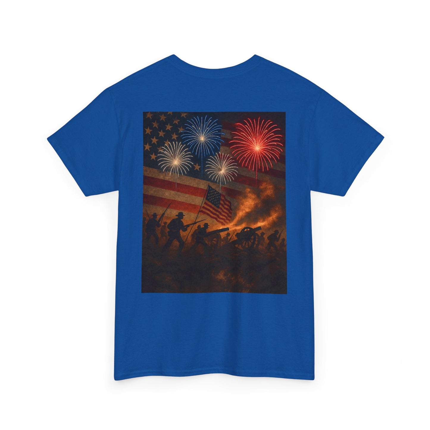 Patriotic Fireworks Flag Tee — American Soldiers Silhouette 4th of July T-Shirt