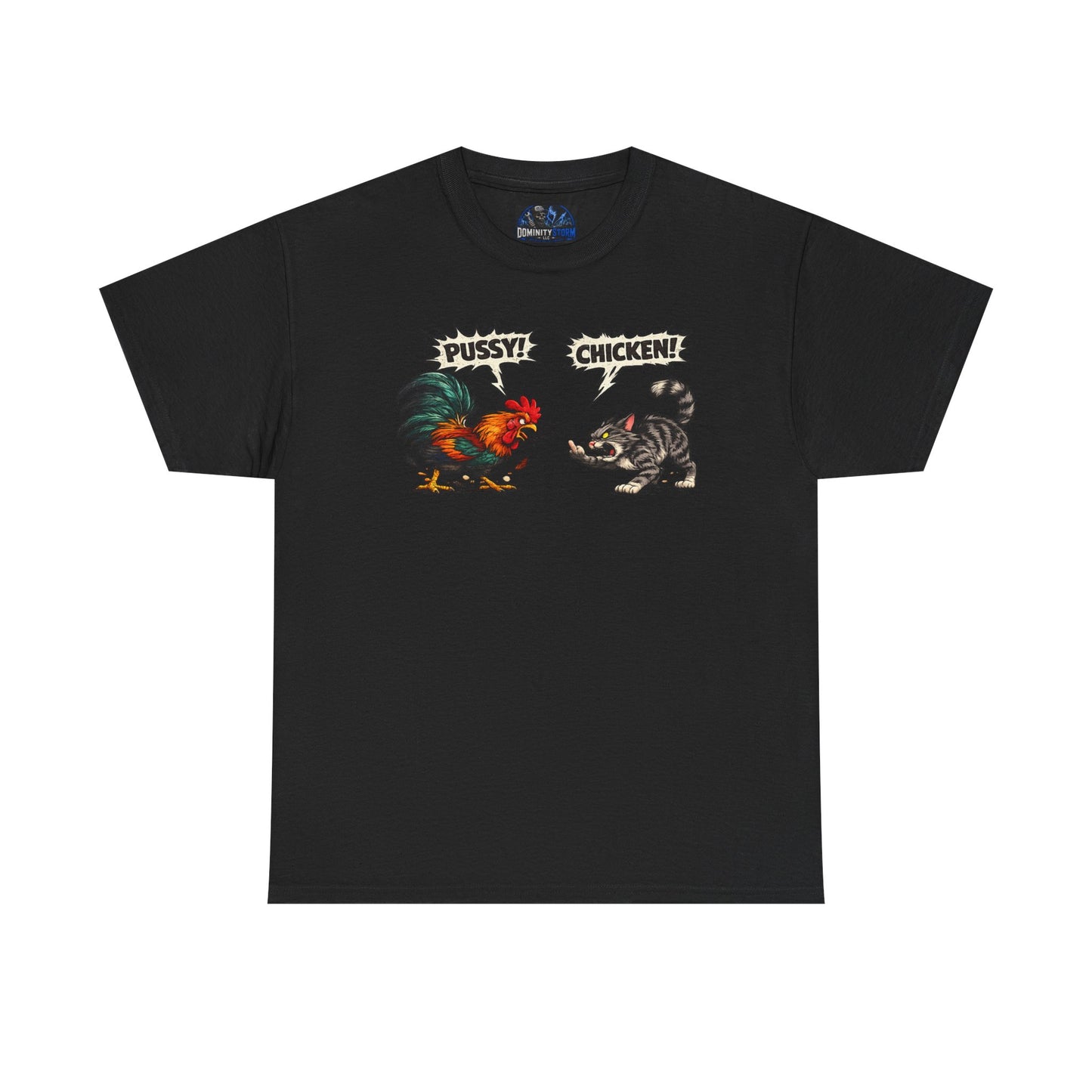 Rooster vs Cat Graphic Tee – "Pussy? Chicken?" Vintage Fight Cartoon T-Shirt
