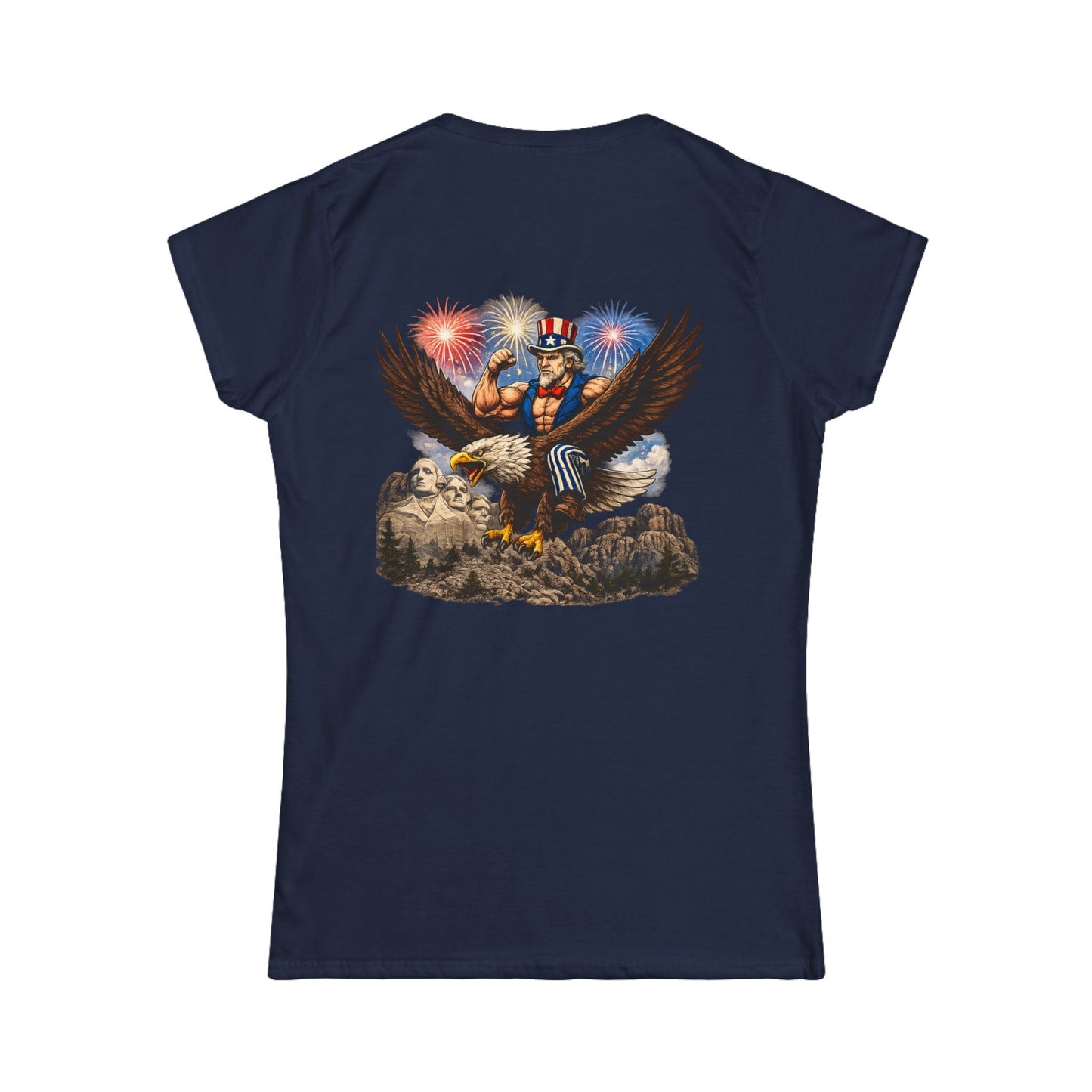 Graphic Women's Tee — Patriotic Uncle Sam Riding Bald Eagle with Fireworks