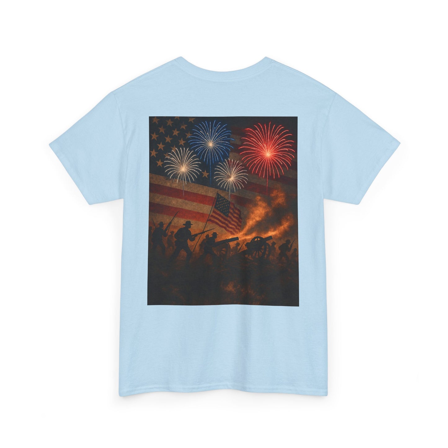 Patriotic Fireworks Flag Tee — American Soldiers Silhouette 4th of July T-Shirt