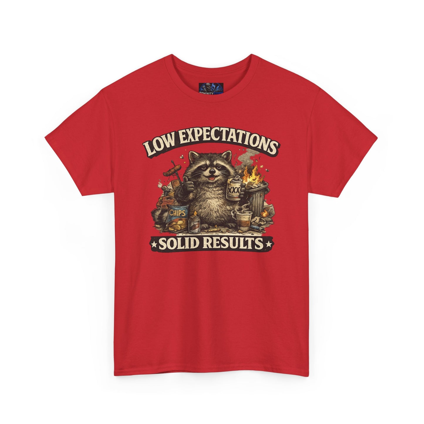 Low Expectations Solid Results T‑Shirt — Funny Raccoon Apocalypse Graphic Tee