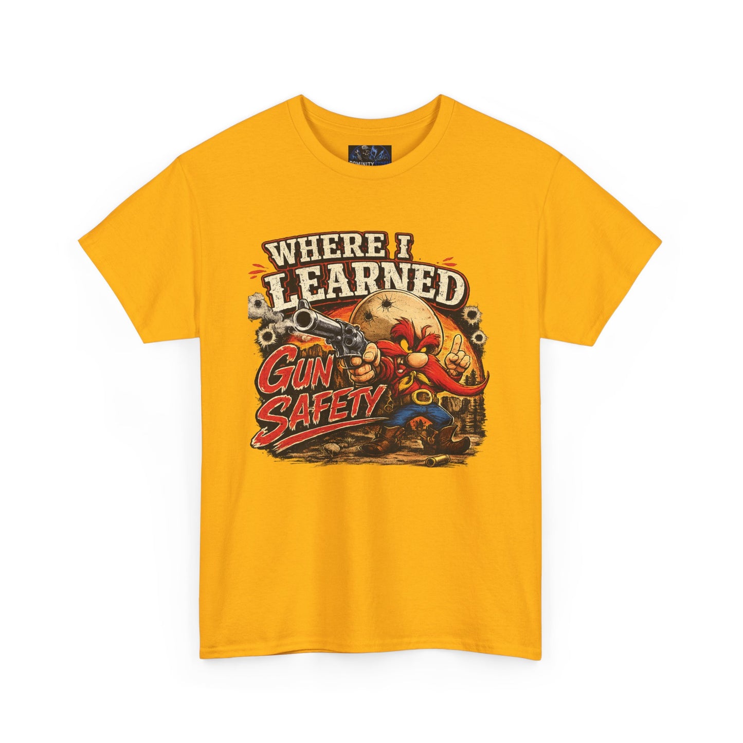 Where I Learned Gun Safety T-Shirt — Retro Cartoon Firearm Safety Tee