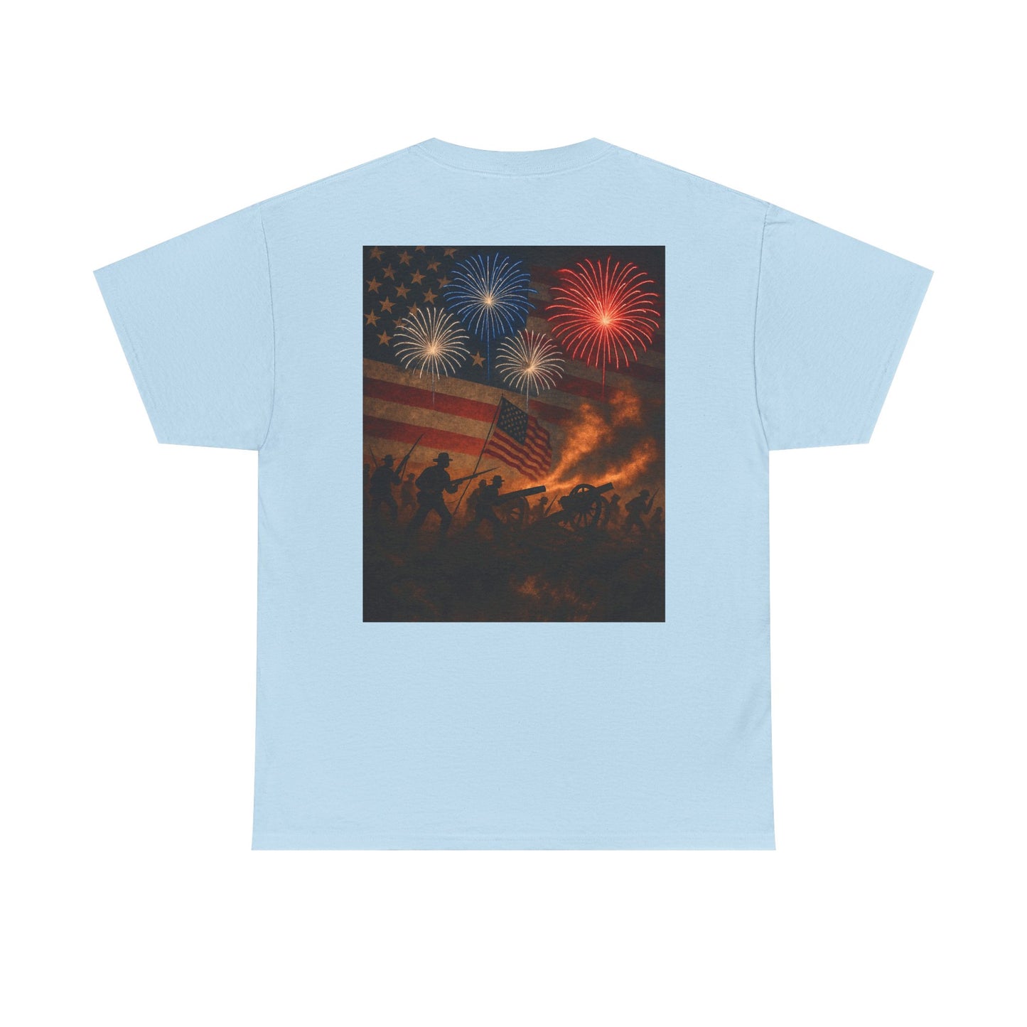 Patriotic Fireworks Flag Tee — American Soldiers Silhouette 4th of July T-Shirt