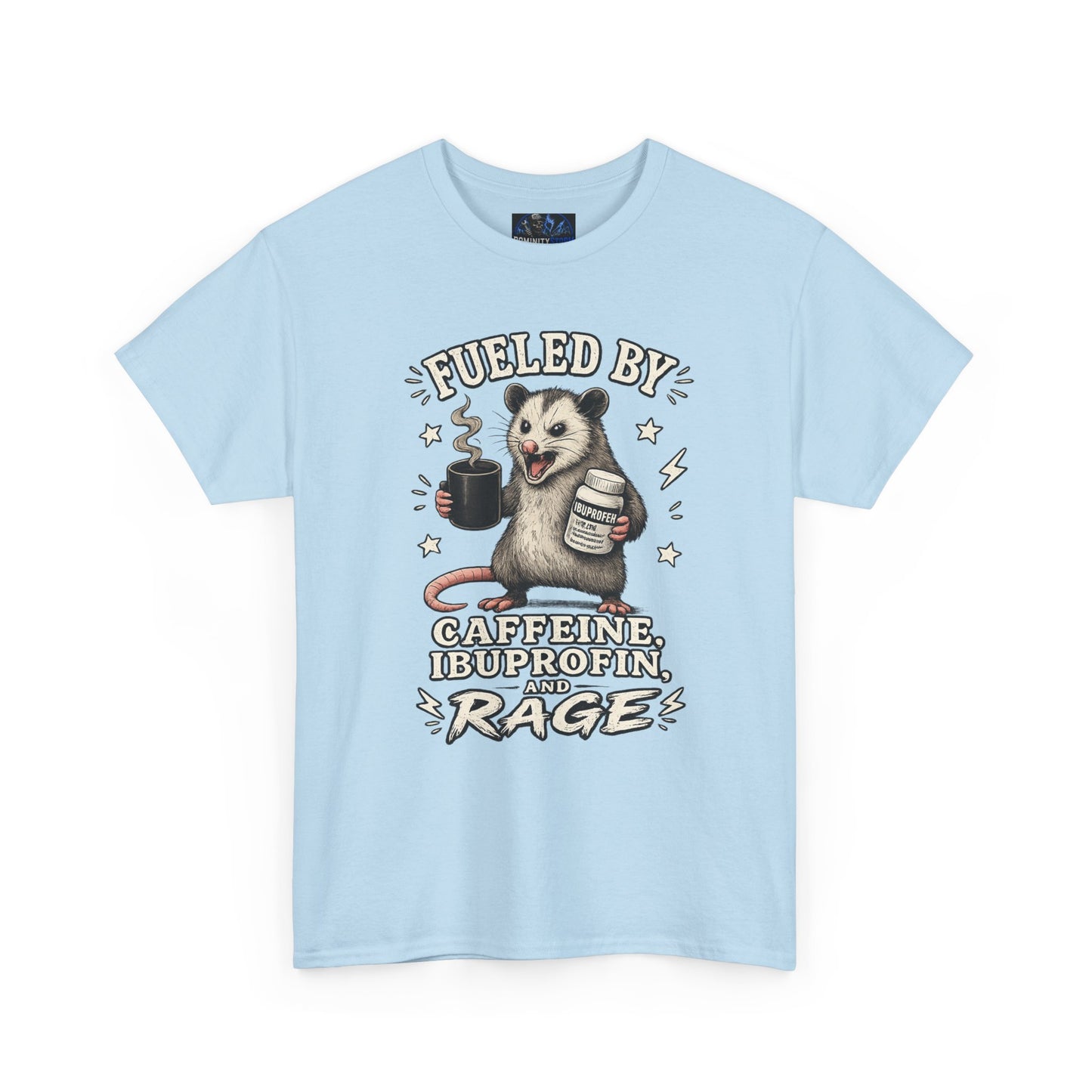 T-Shirt — Fueled by Caffeine, Ibuprofen & Rage Possum Coffee Humor Tee