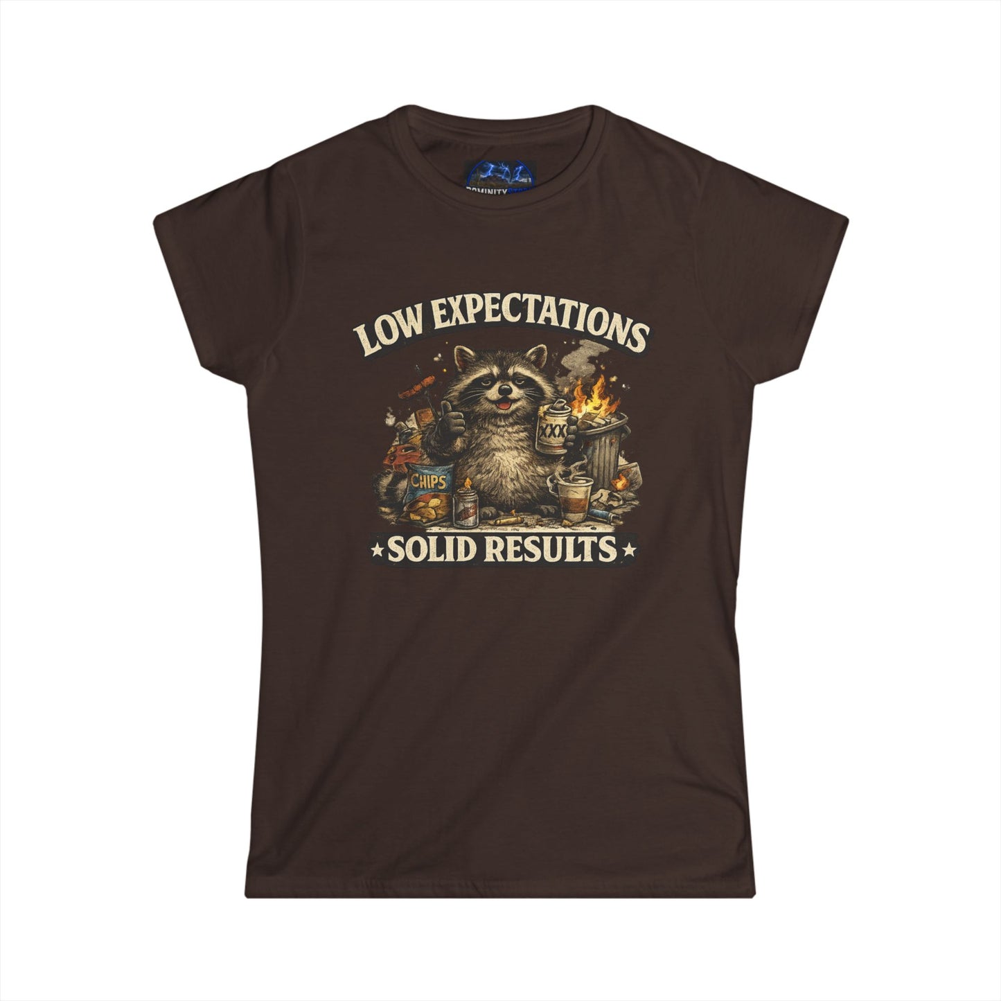 Graphic Low Expectations Solid Results Tee — Funny Raccoon Women's T-Shirt