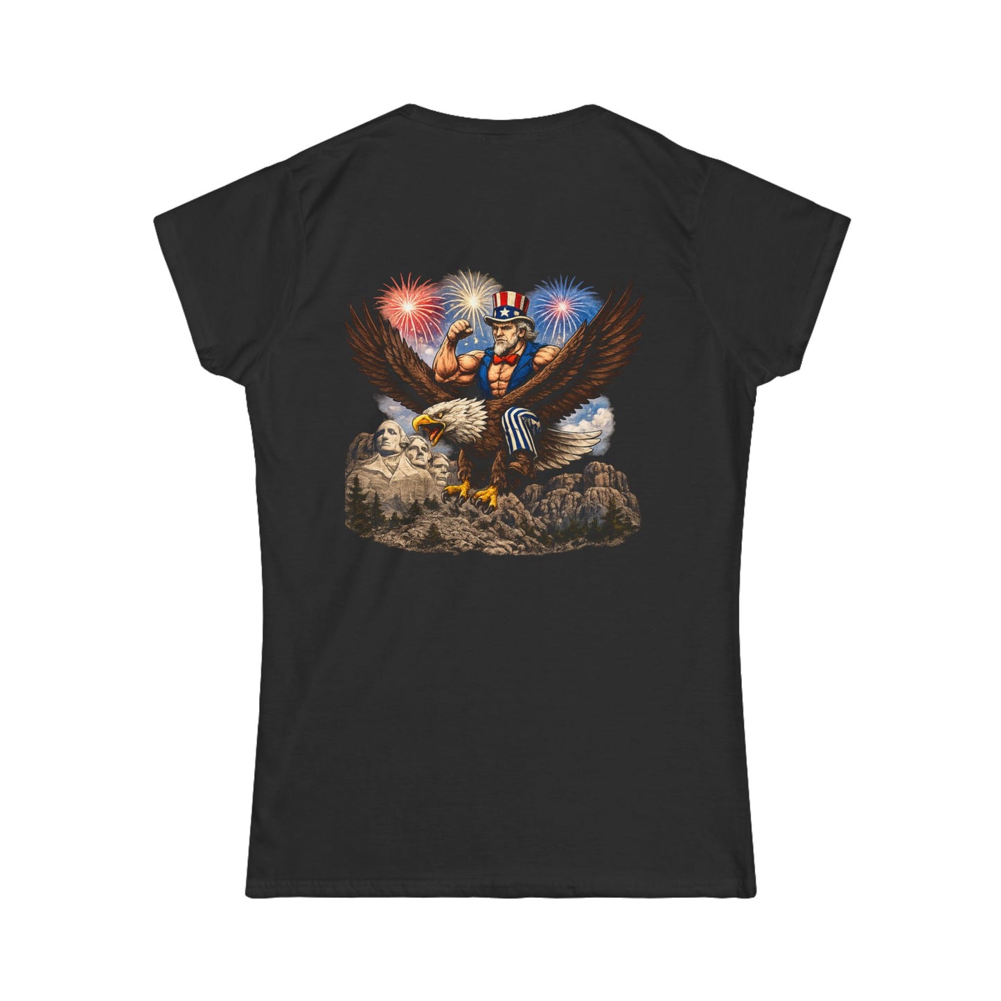 Graphic Women's Tee — Patriotic Uncle Sam Riding Bald Eagle with Fireworks